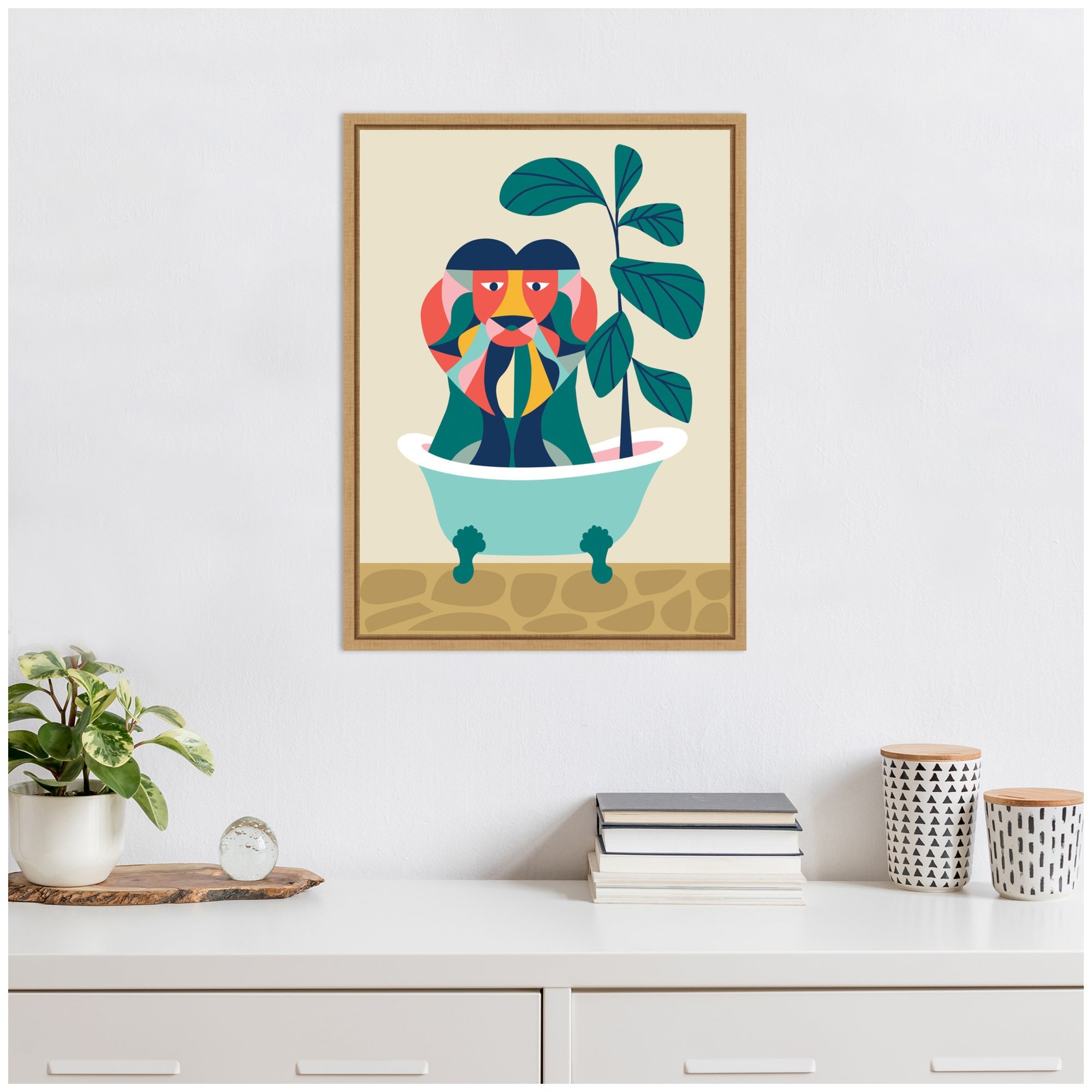 Sylvie MCM Lion in Bathtub Framed Canvas by Rachel Lee