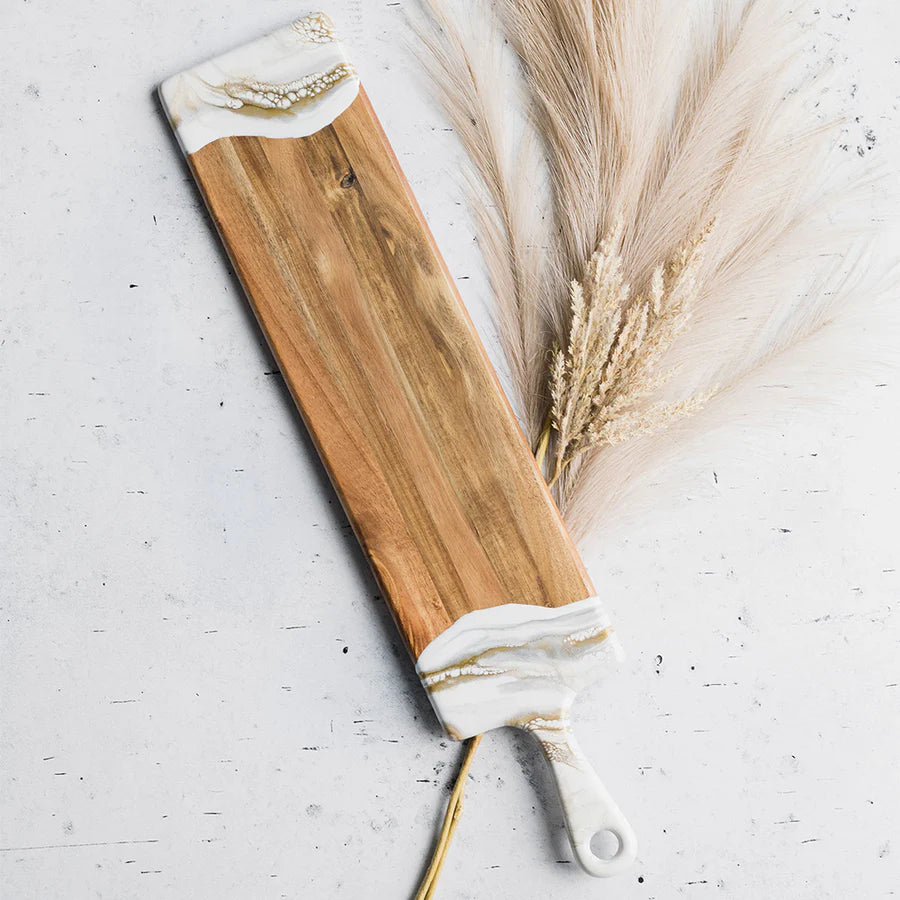 Wooden baguette resin serving tray with white resin edge on a light gray background