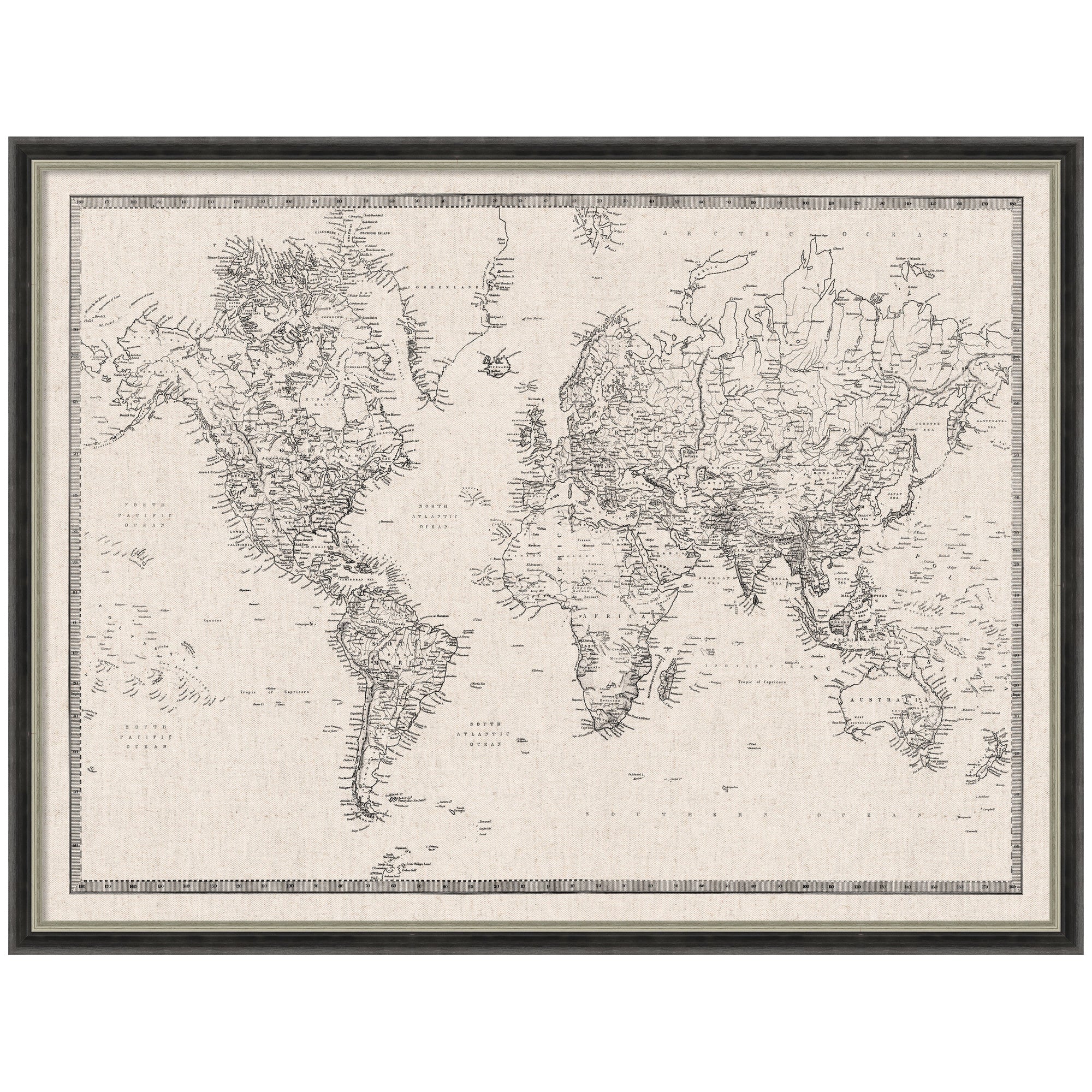 Vintage black and white linen world map framed fabric pinboard hanging on a wall