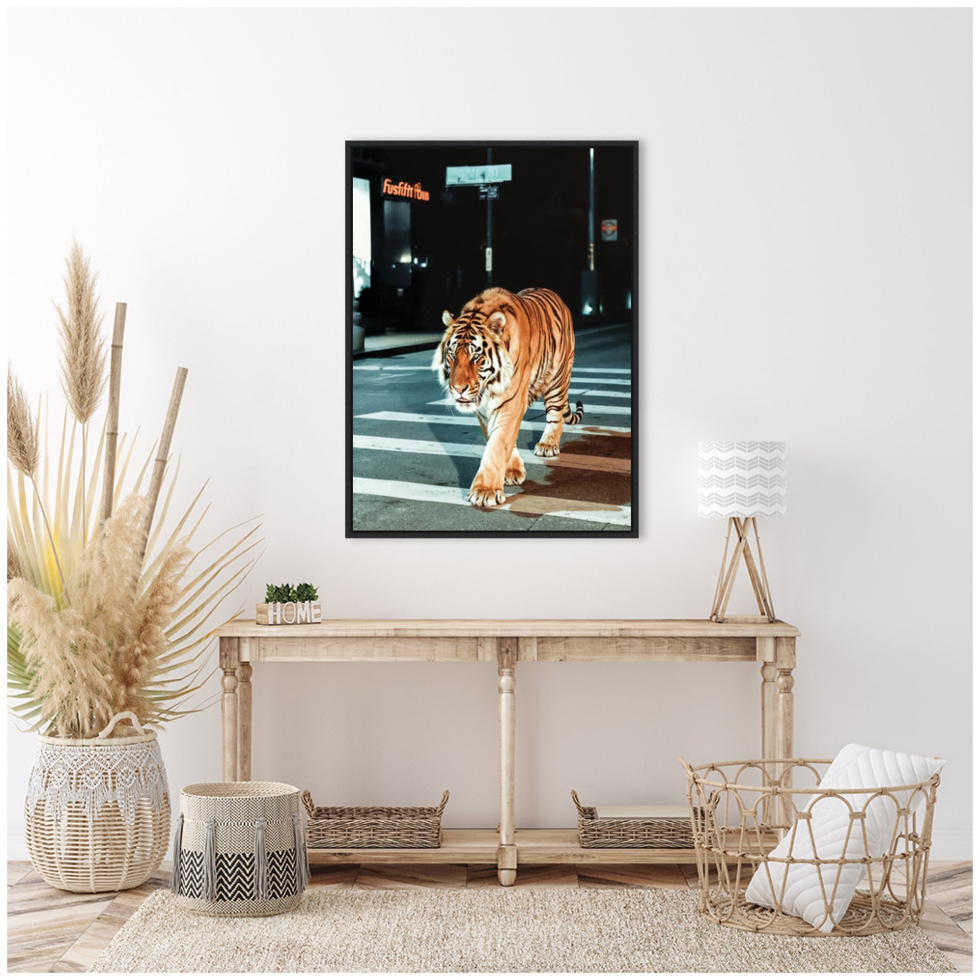 Sylvie Tiger in the City at Night 2 Framed Canvas by Michael Schauer