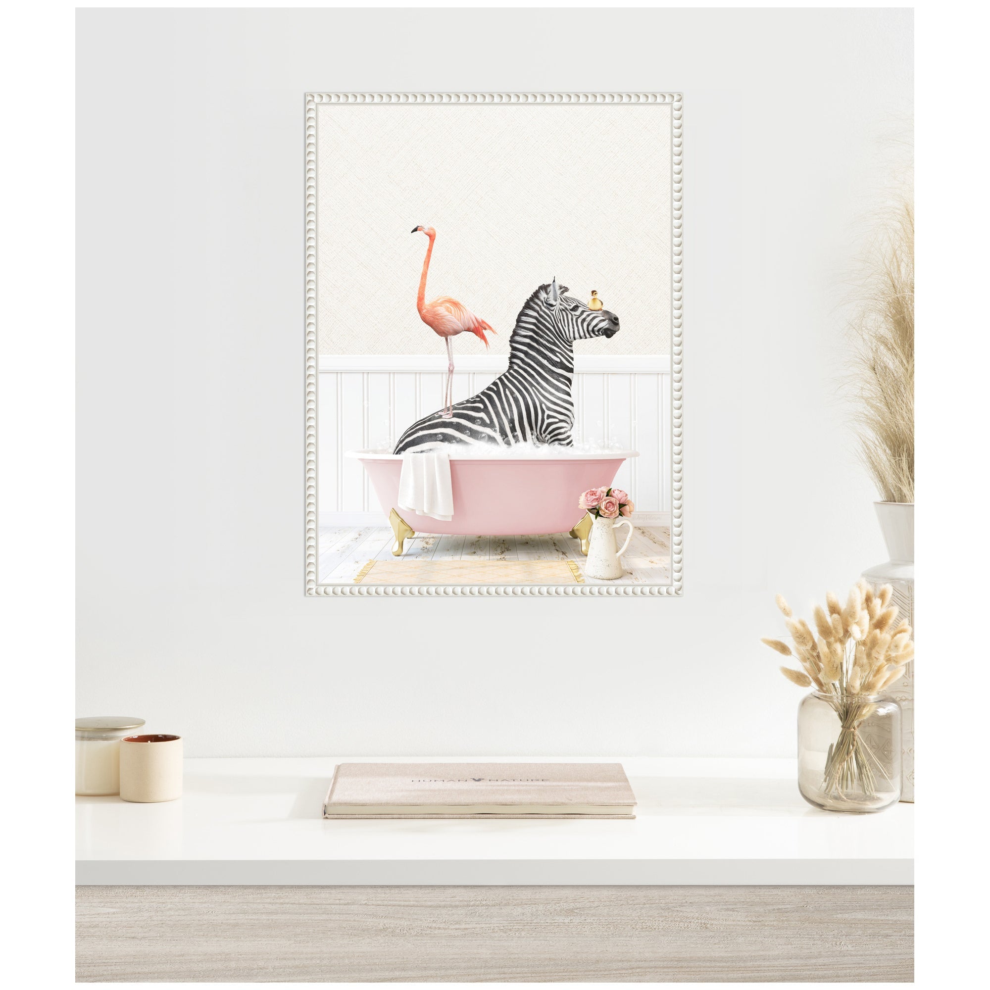 Sylvie Zebra and Flamingo in Cottage Rose Bathtub Framed Canvas by Amy Peterson