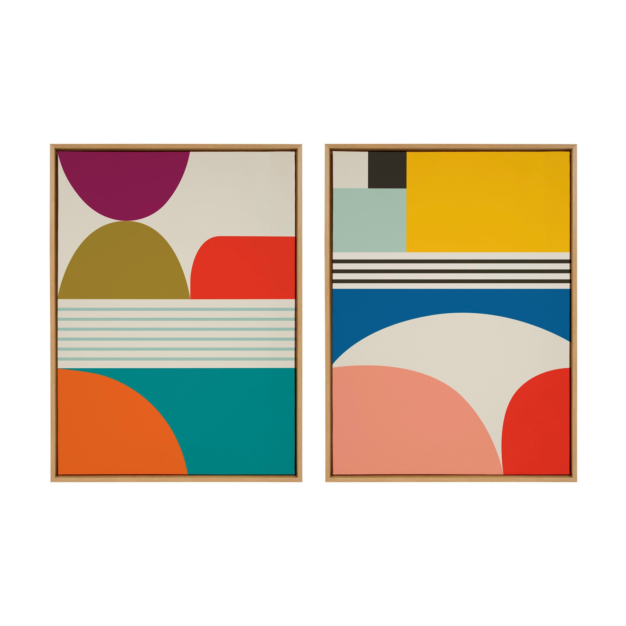 Two-frame set of mid-century modern abstract patterned canvas art by Rachel Lee, featuring neutral and natural tones in polystyrene frames
