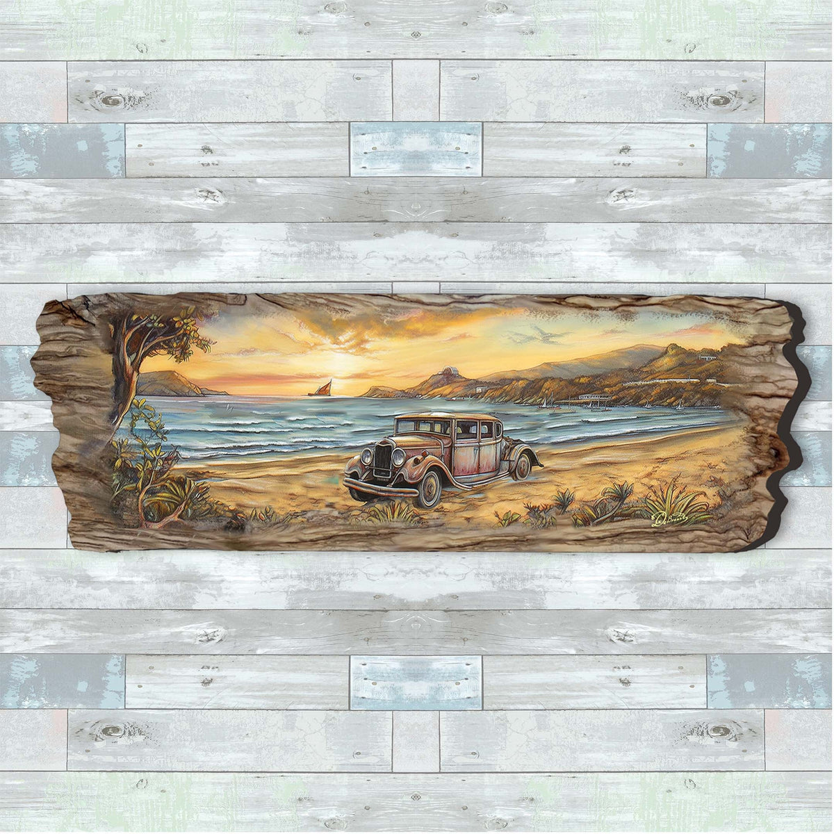 Vintage Car at the Beach Wooden Wall Art by G. DeBrekht