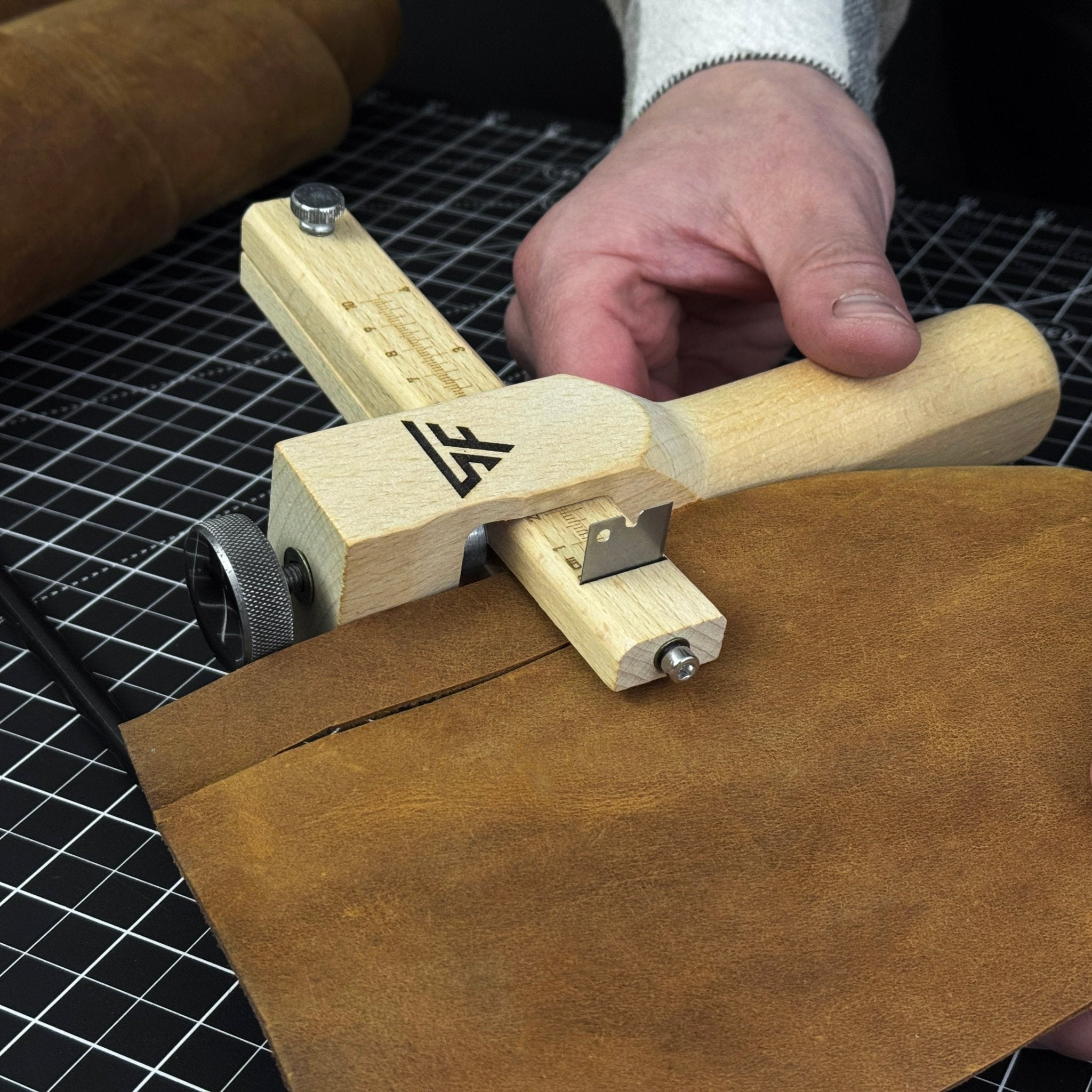Adjustable Leather Strap and Belt Cutter with wooden handle and measuring ruler