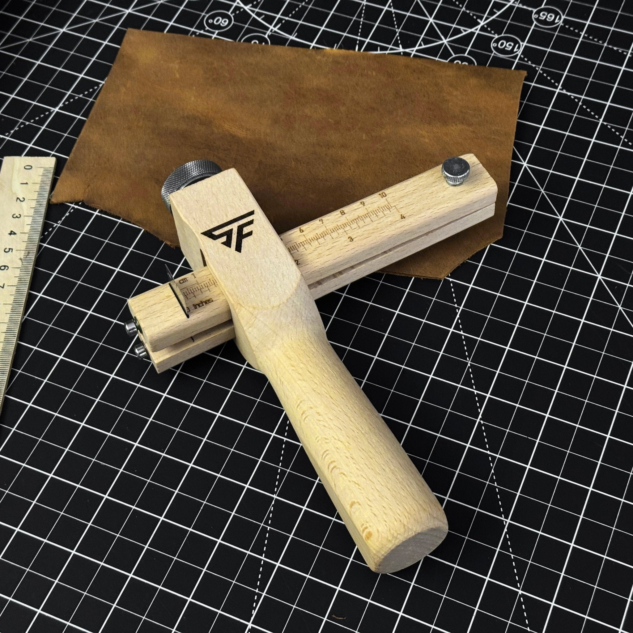 Adjustable Leather Strap and Belt Cutter with wooden handle and measuring ruler