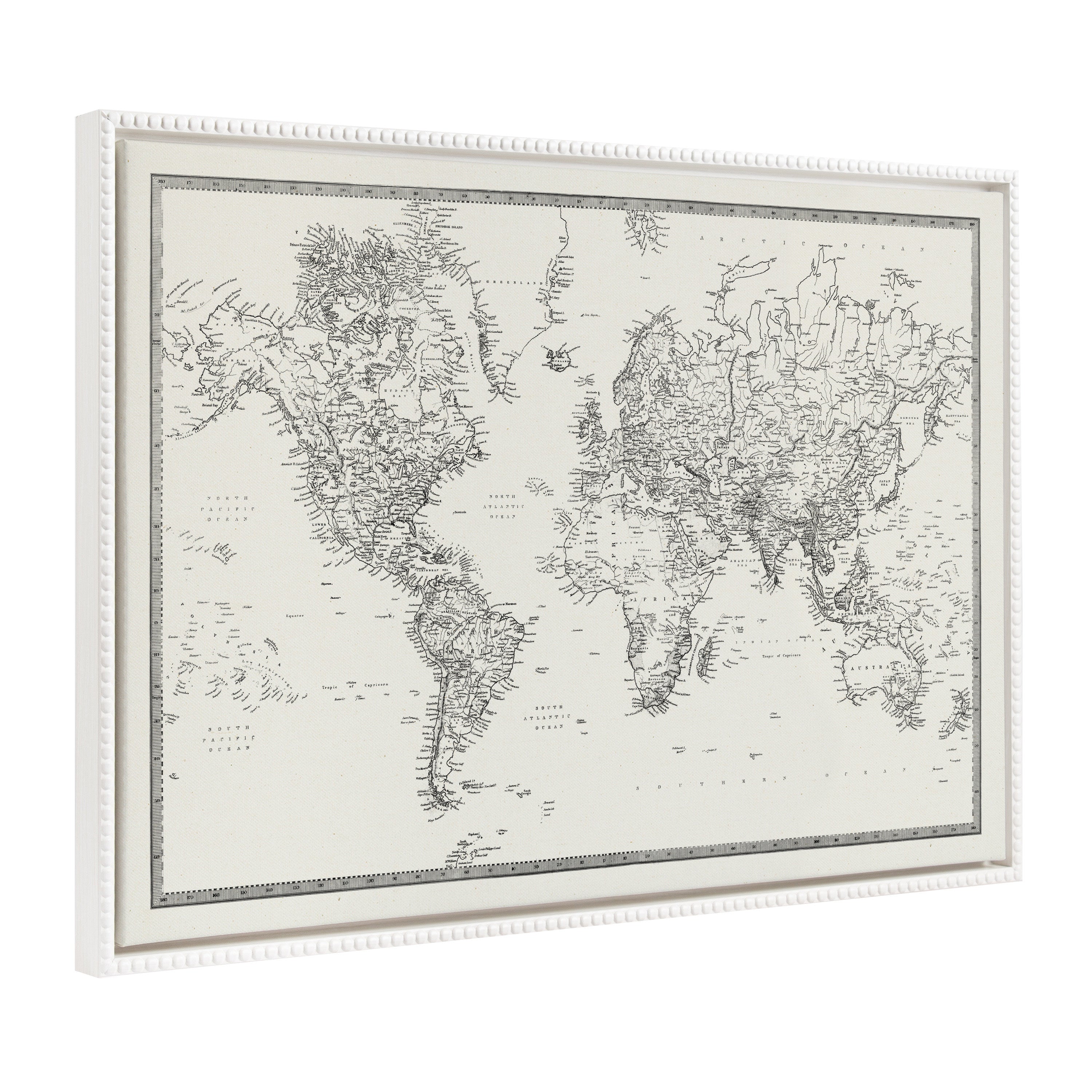 Sylvie Beaded Vintage Black and White World Map Framed Canvas by The Creative Bunch Studio