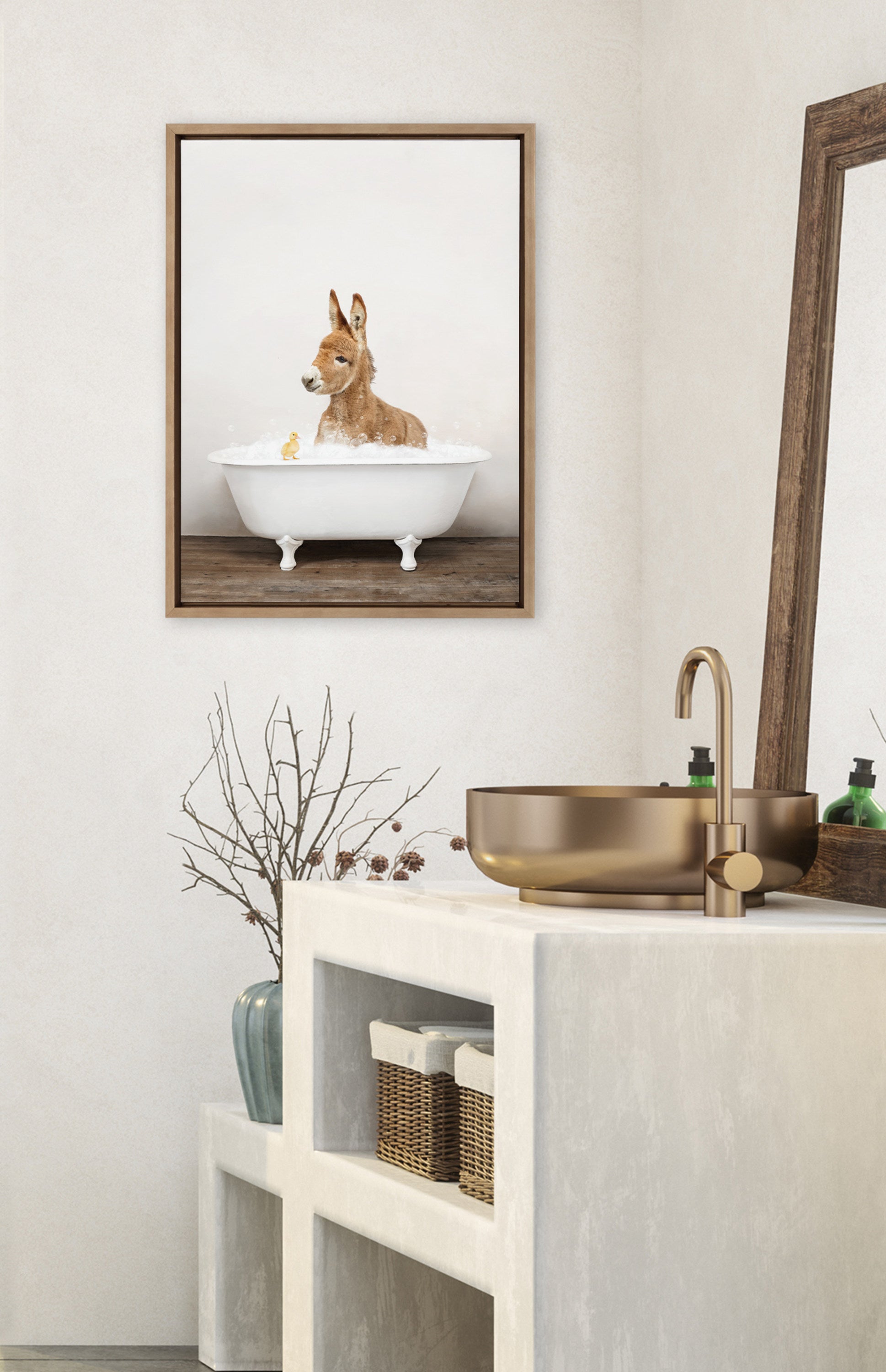 Sylvie Baby Donkey in Rustic Bath Framed Canvas by Amy Peterson Art Studio