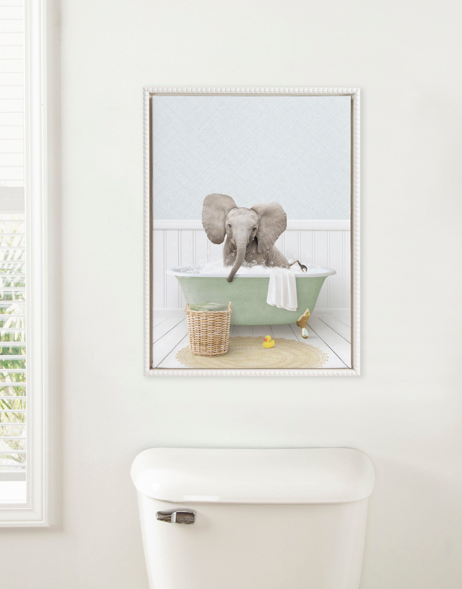 Sylvie Beaded Baby Elephant Big Ears in Cottage Bath Framed Canvas by Amy Peterson