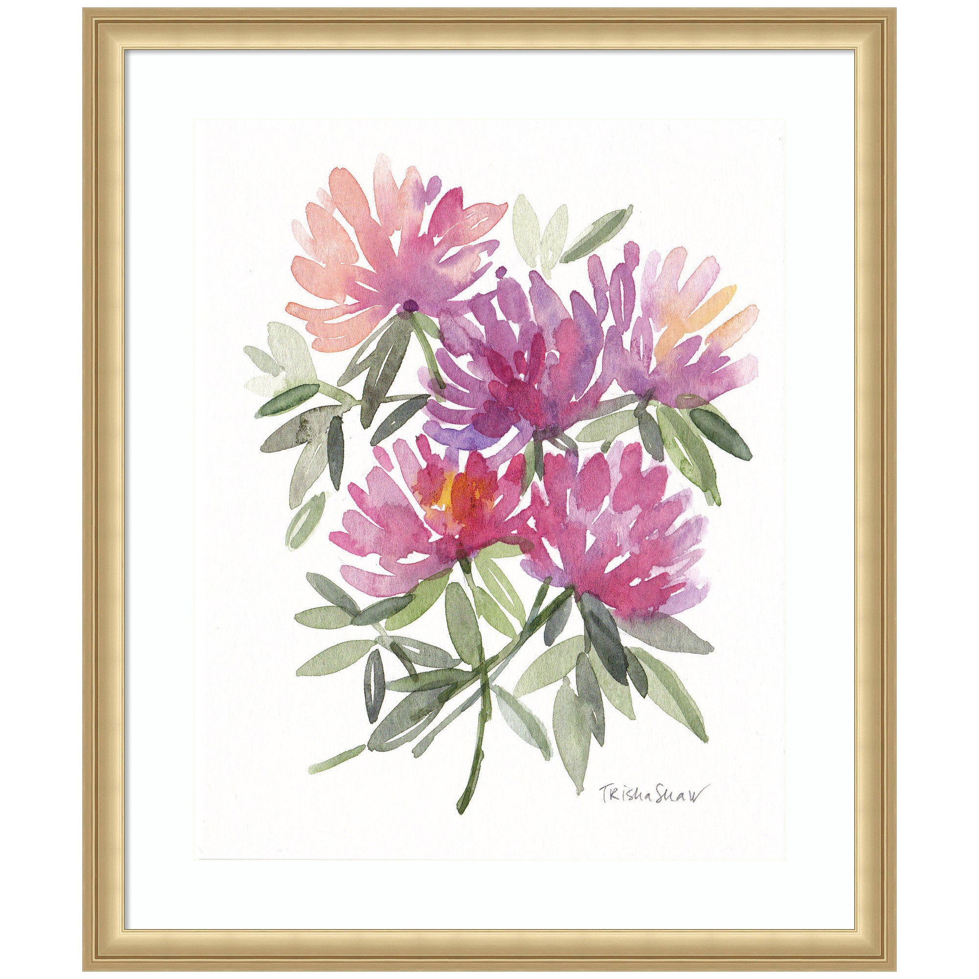 Framed abstract watercolor pink floral artwork featuring soft pink and purple petals with green foliage in Florence Gold frame.