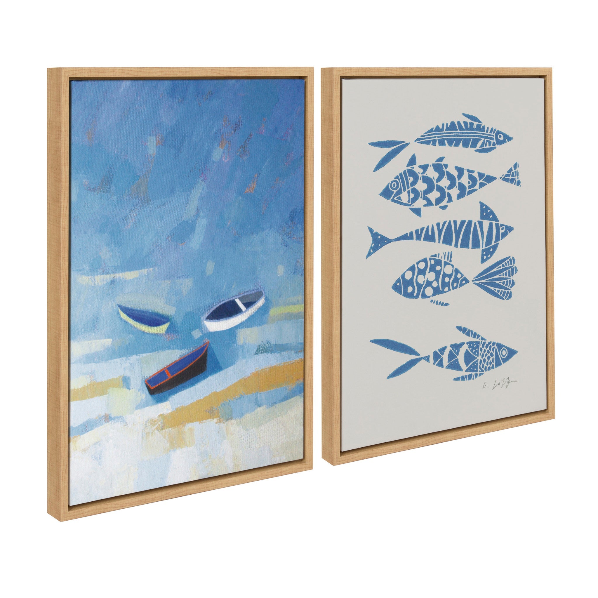 Sylvie Golden Dunes and Fishes Blue on Beige Framed Canvas Art Set by Giuliana Lazzerini
