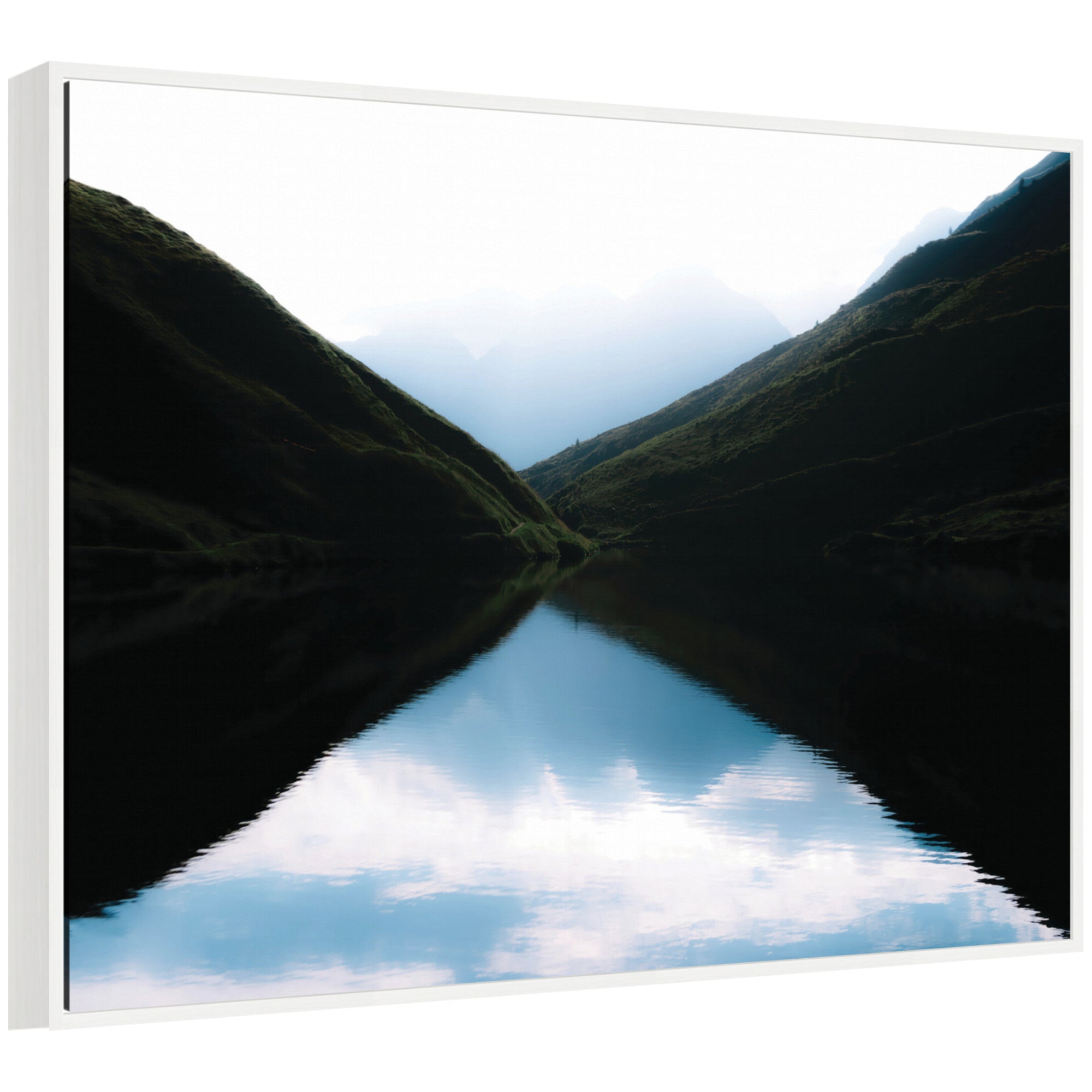Sylvie Minimalist Mountain Lake Reflection at Sunrise Framed Canvas by Michael Schauer by kateandlaurel