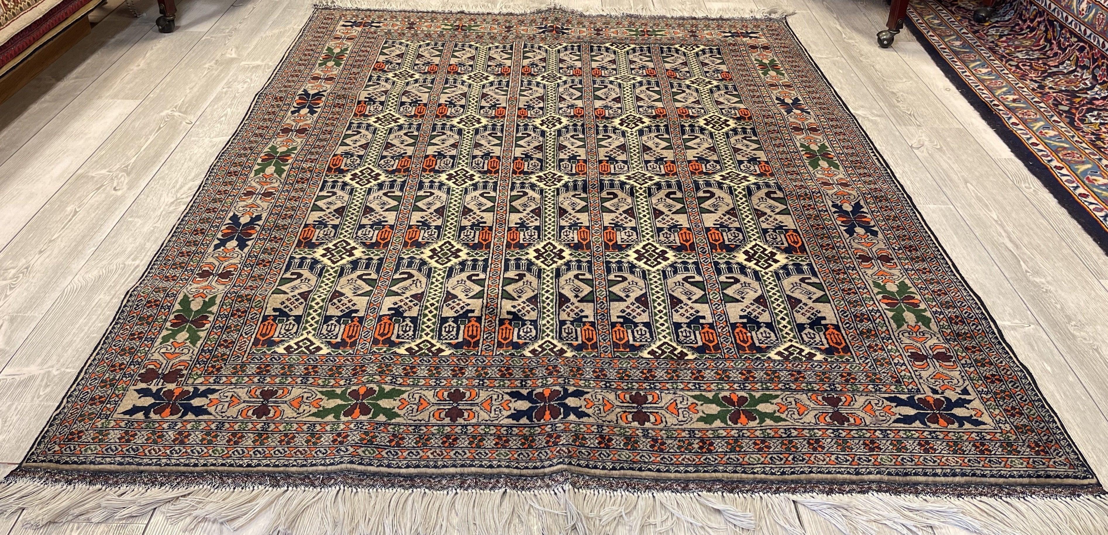 Afghani Area Rug I Ala Bakhmal 5x7 Ft laid flat showing intricate traditional Zahir Shahi Herati pattern with fringe edges
