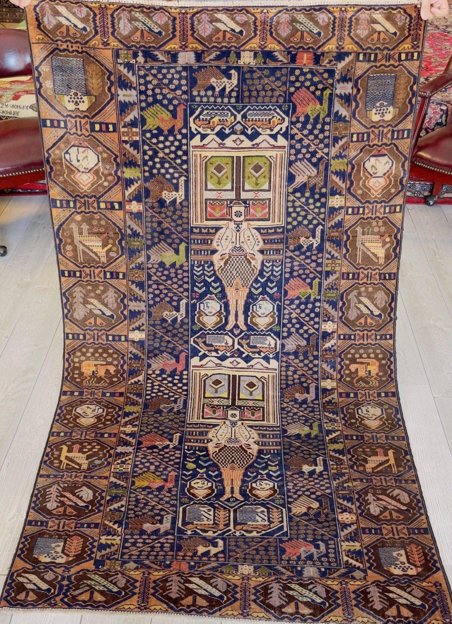Afghani Vintage Pictorial Rug I Tribal Baluchi 4X7 Ft by Rugistan - main product image for Resin Society