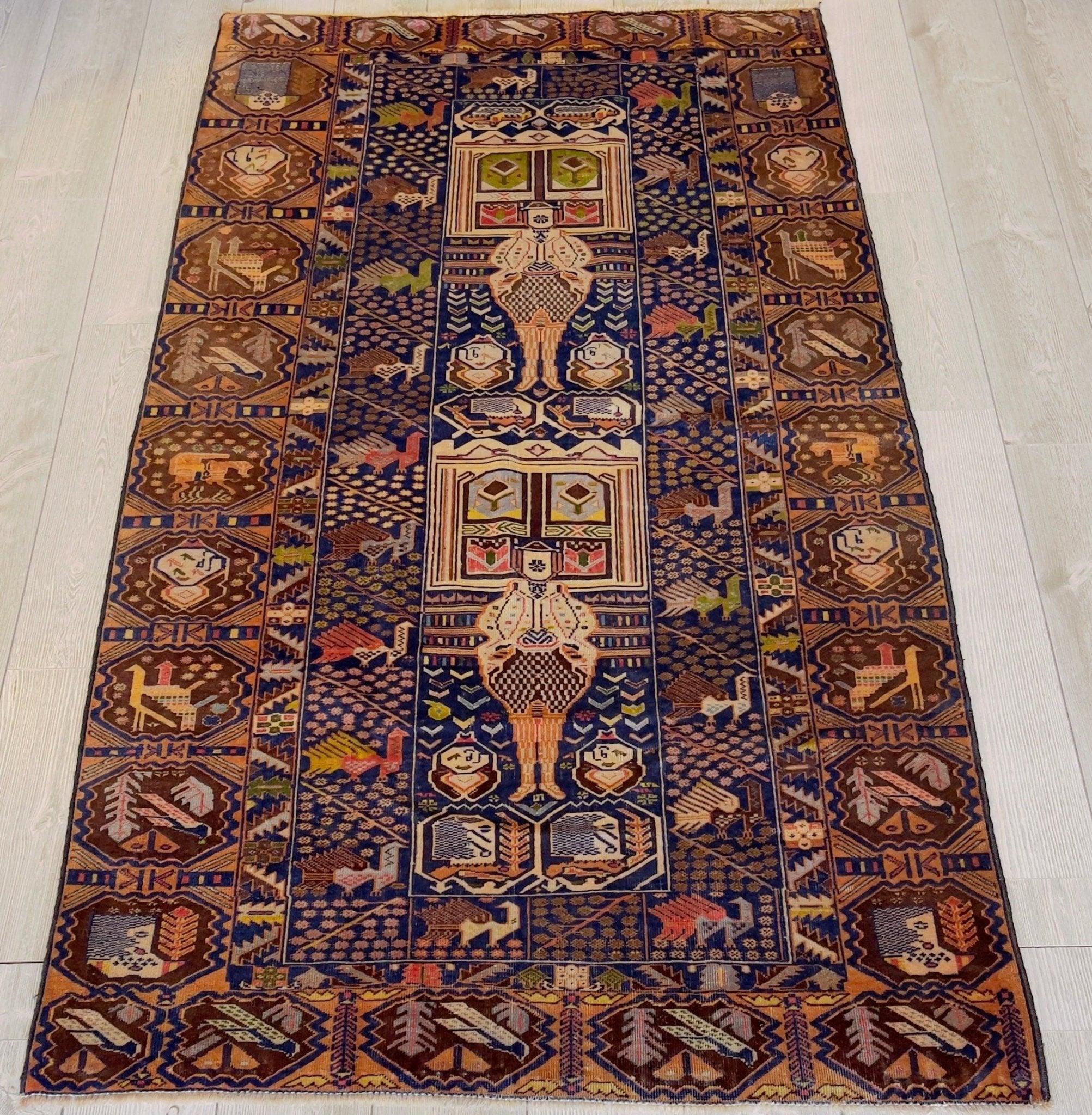 Afghani Vintage Pictorial Rug I Tribal Baluchi 4X7 Ft by Rugistan - product image 2 for Resin Society