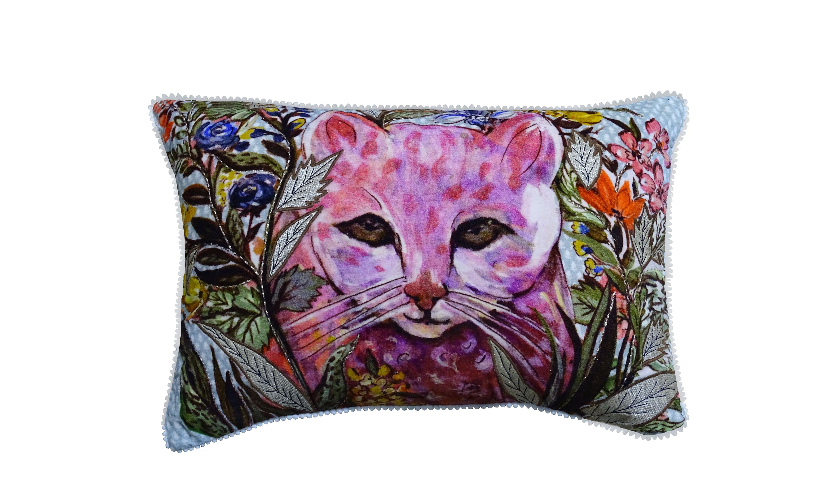 Decorative pillow featuring a hand illustrated cat design on front and solid color back