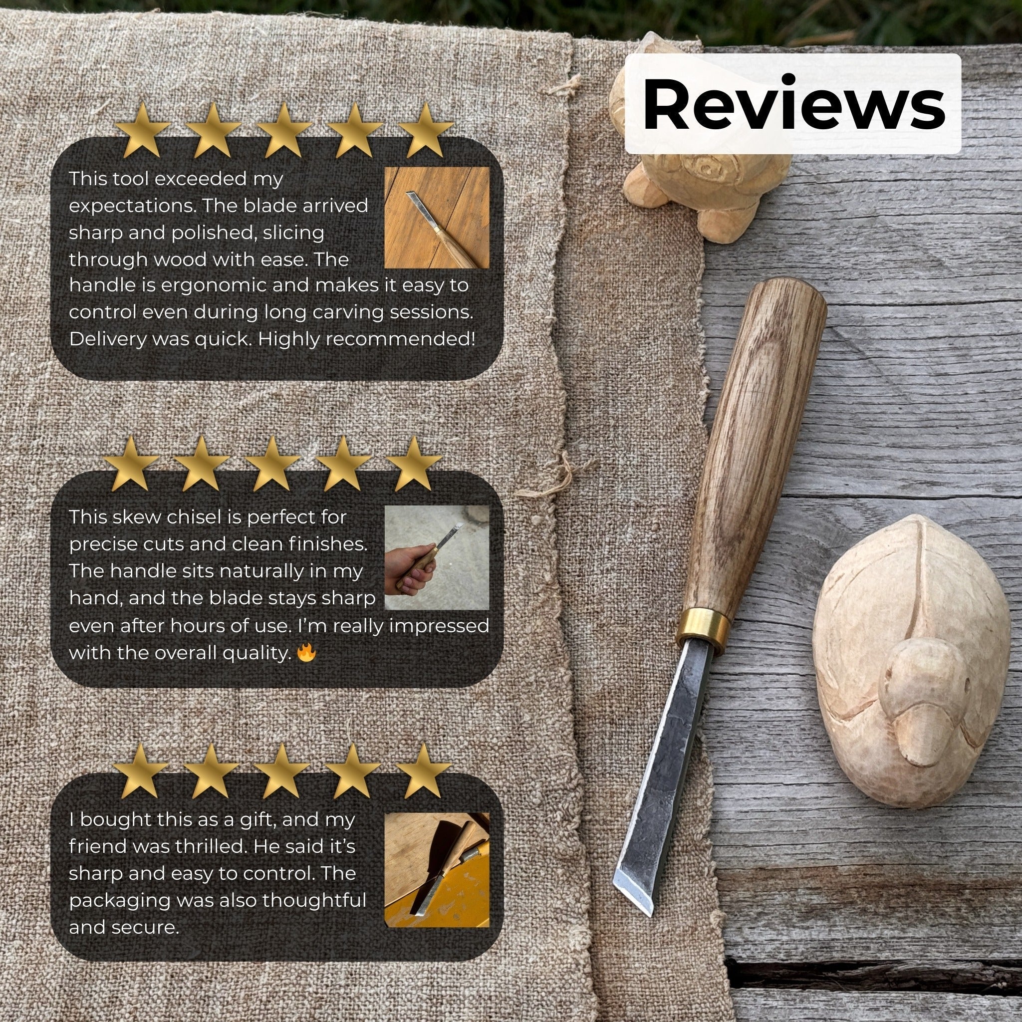Angled bevel carving chisel with 10 mm blade and wooden handle by Sharky Forged Steel Tools
