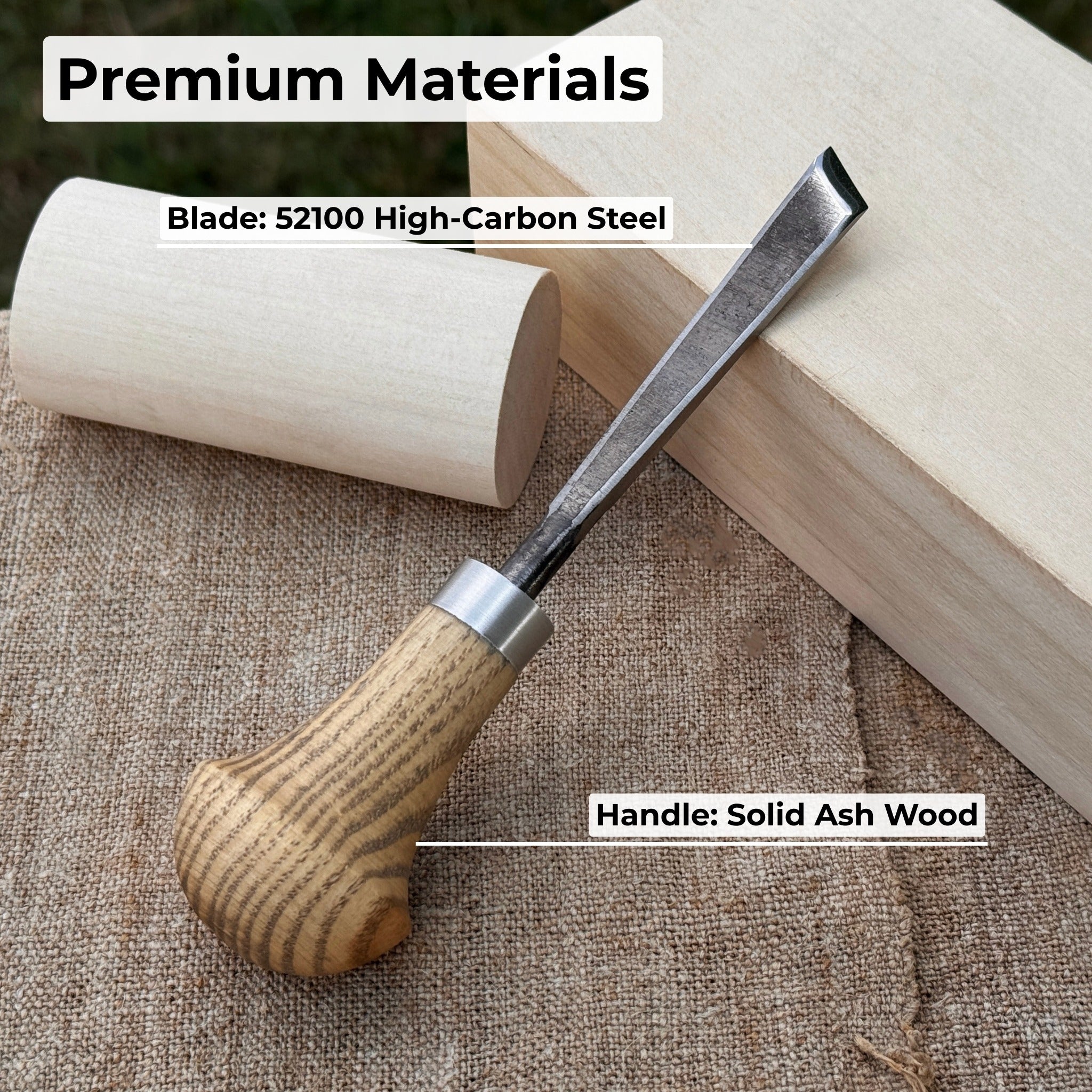 Angled bevel carving chisel with palm handle, 10 mm blade, hand-forged high-carbon steel blade and ash wood handle