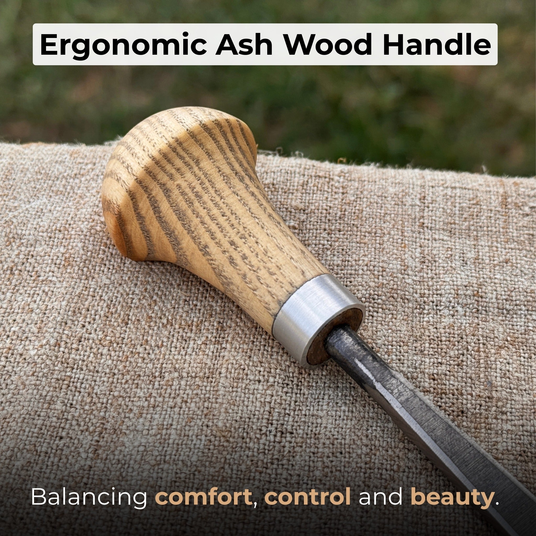 Angled bevel carving chisel with palm handle, 10 mm blade, hand-forged high-carbon steel blade and ash wood handle