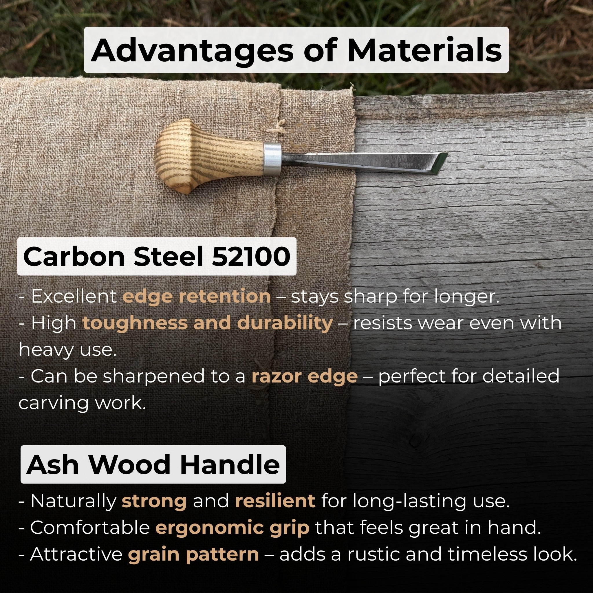 Angled bevel carving chisel with palm handle, 10 mm blade, hand-forged high-carbon steel blade and ash wood handle