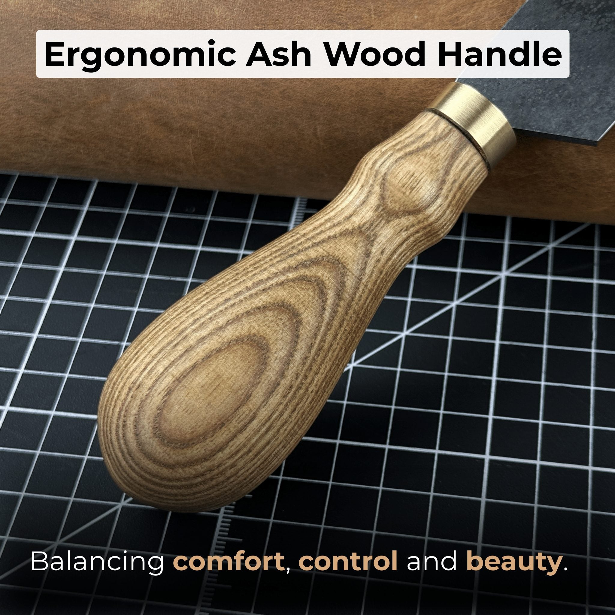 Angled Leather Skiving Knife with ash wood handle and sharp high-carbon steel blade