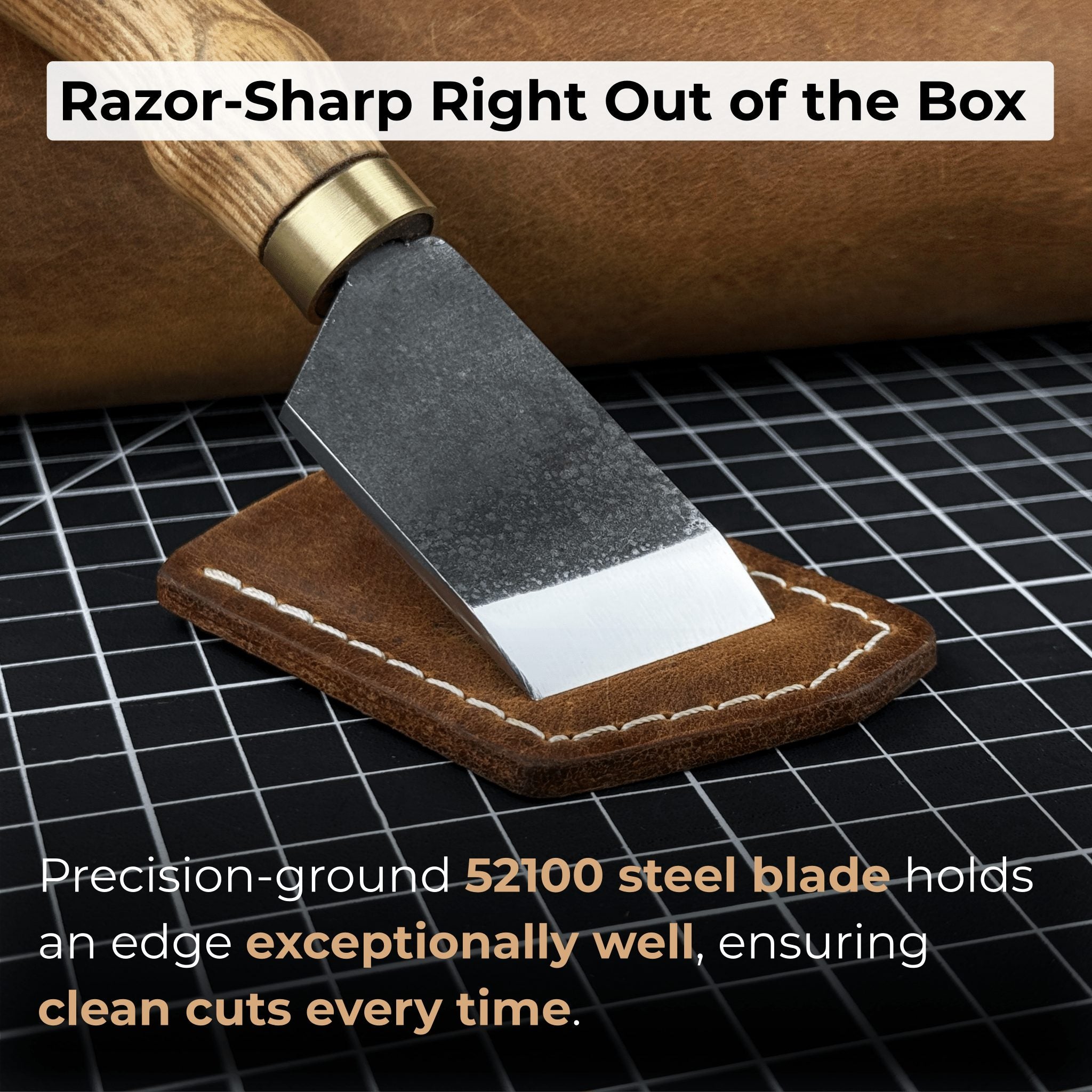 Angled Leather Skiving Knife with ash wood handle and sharp high-carbon steel blade