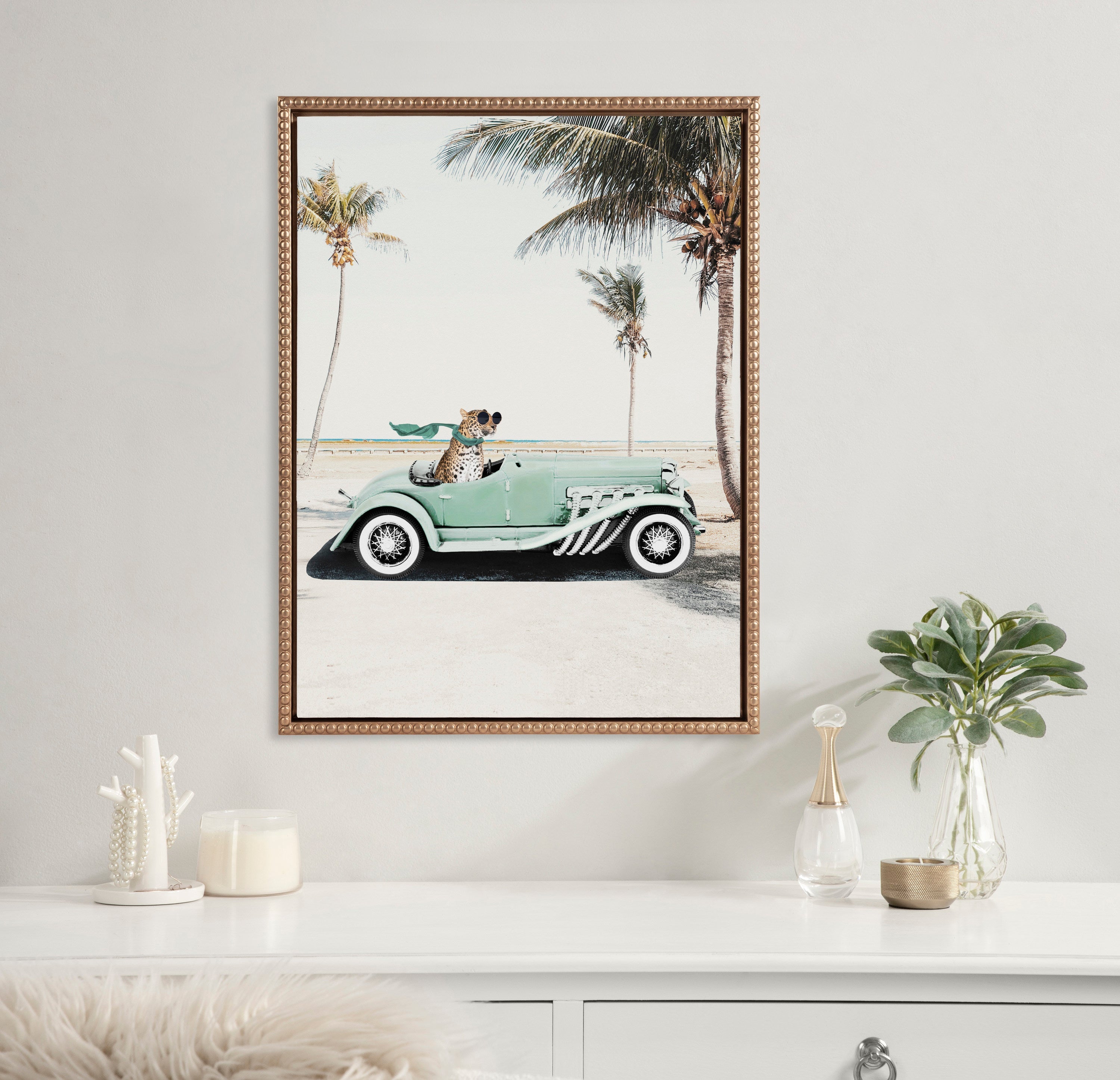 Sylvie Beaded Leopard in Car Beach Palms Framed Canvas by July Art Prints