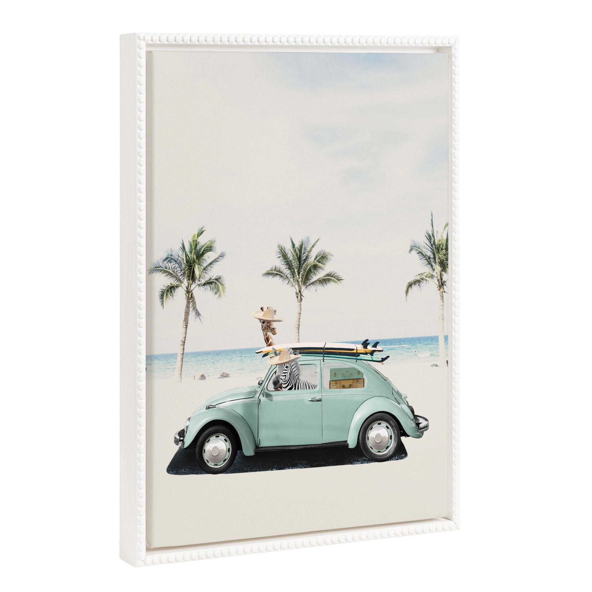 Sylvie Beaded Summer Adventures framed canvas art showing vibrant zoo animals at the beach with a white vintage beaded frame