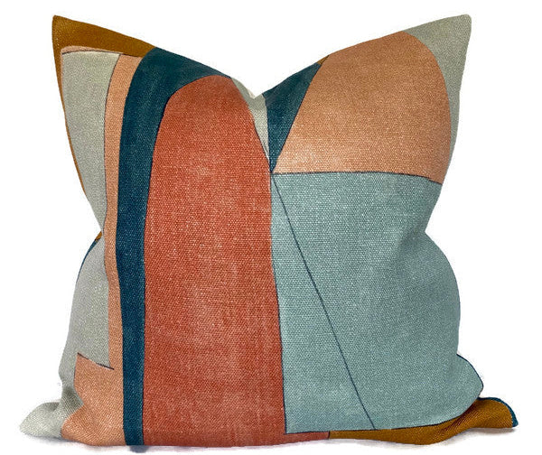 District Pillow Cover in apricot with abstract pattern front and ivory linen back