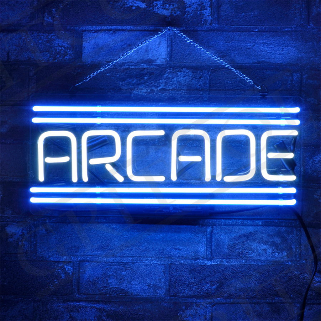 Arcade Neon Signs Light glowing in vibrant white and blue hues