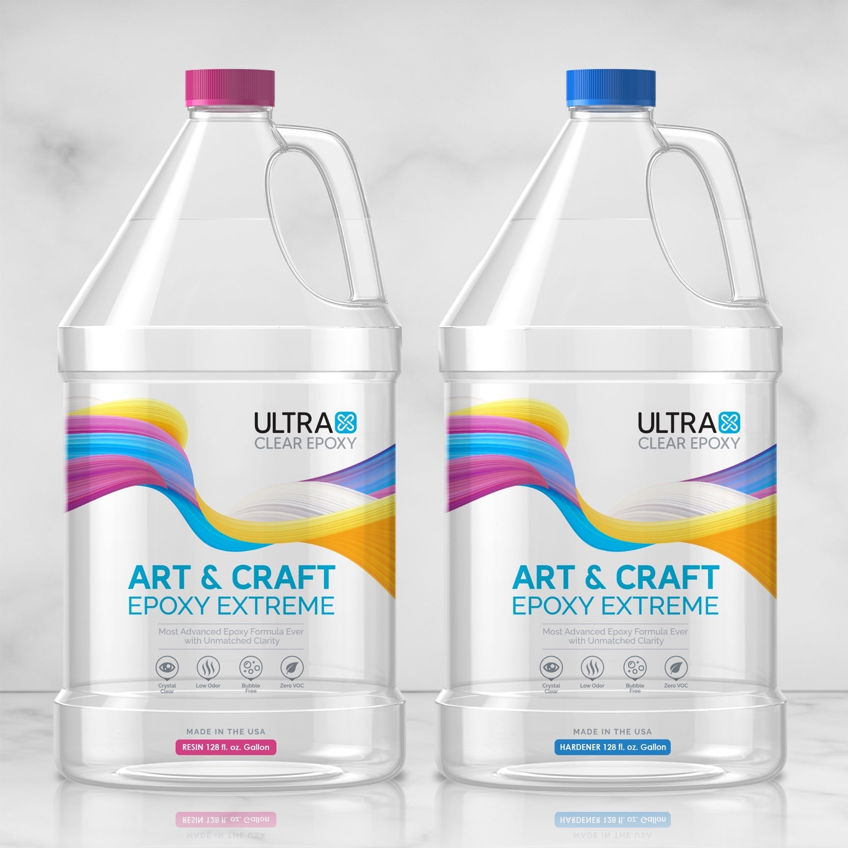 Two bottles of Ultra Clear Epoxy Art & Craft Epoxy Extreme on a light gray background