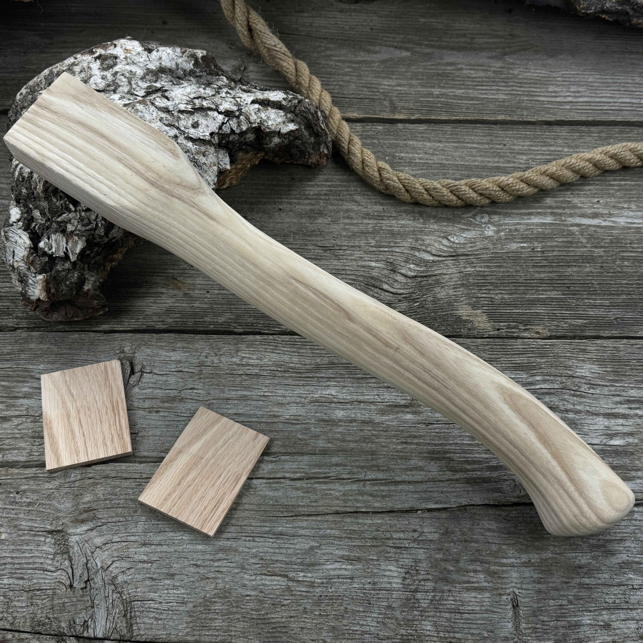 Ash wood axe handle with two red oak wedges, 41.5 cm long