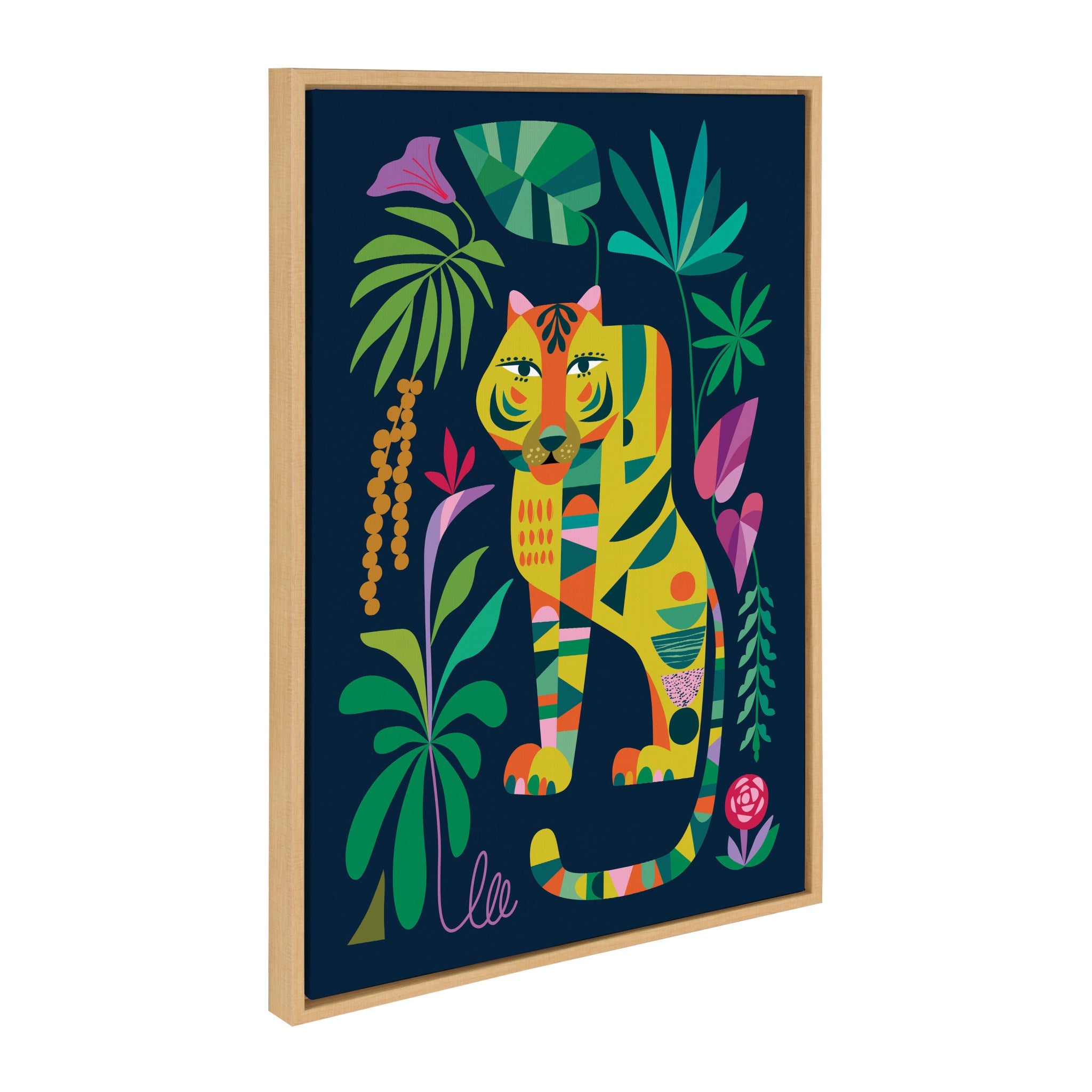 Sylvie Tiger in the Forest framed canvas art by Rachel Lee showing a colorful tiger illustration in a forest setting.