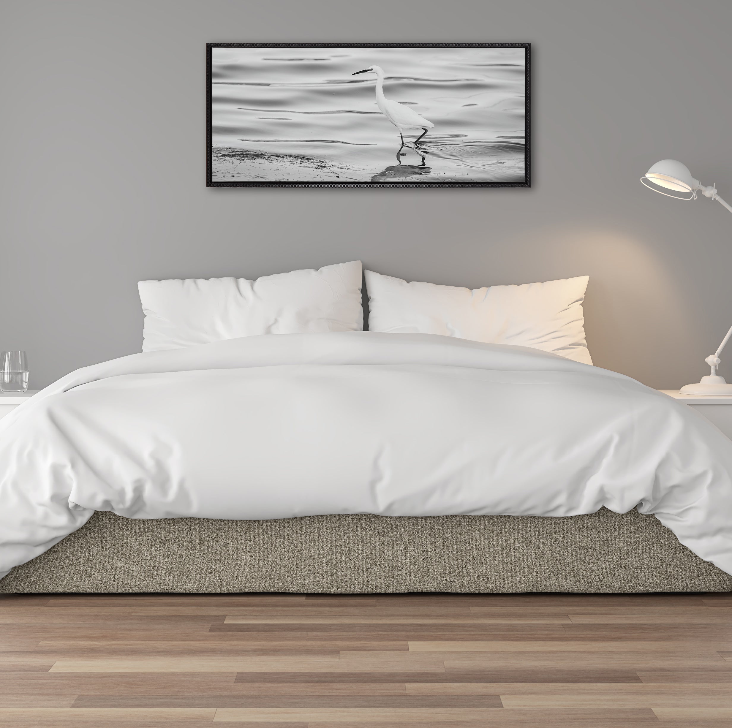Sylvie Beaded Snowy Egret No 3 Black and White Framed Canvas by Crystal Lynn Collins