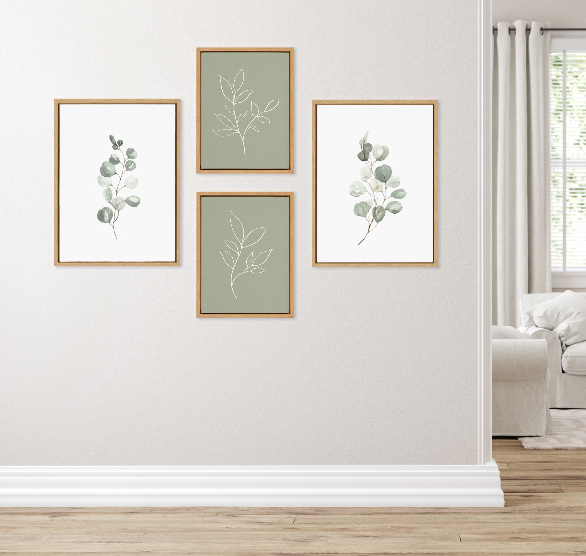 Sylvie Eucalyptus 4a, 4b & Modern Sage Green Botanical Line Sketch 4-Piece Canvas Art Set