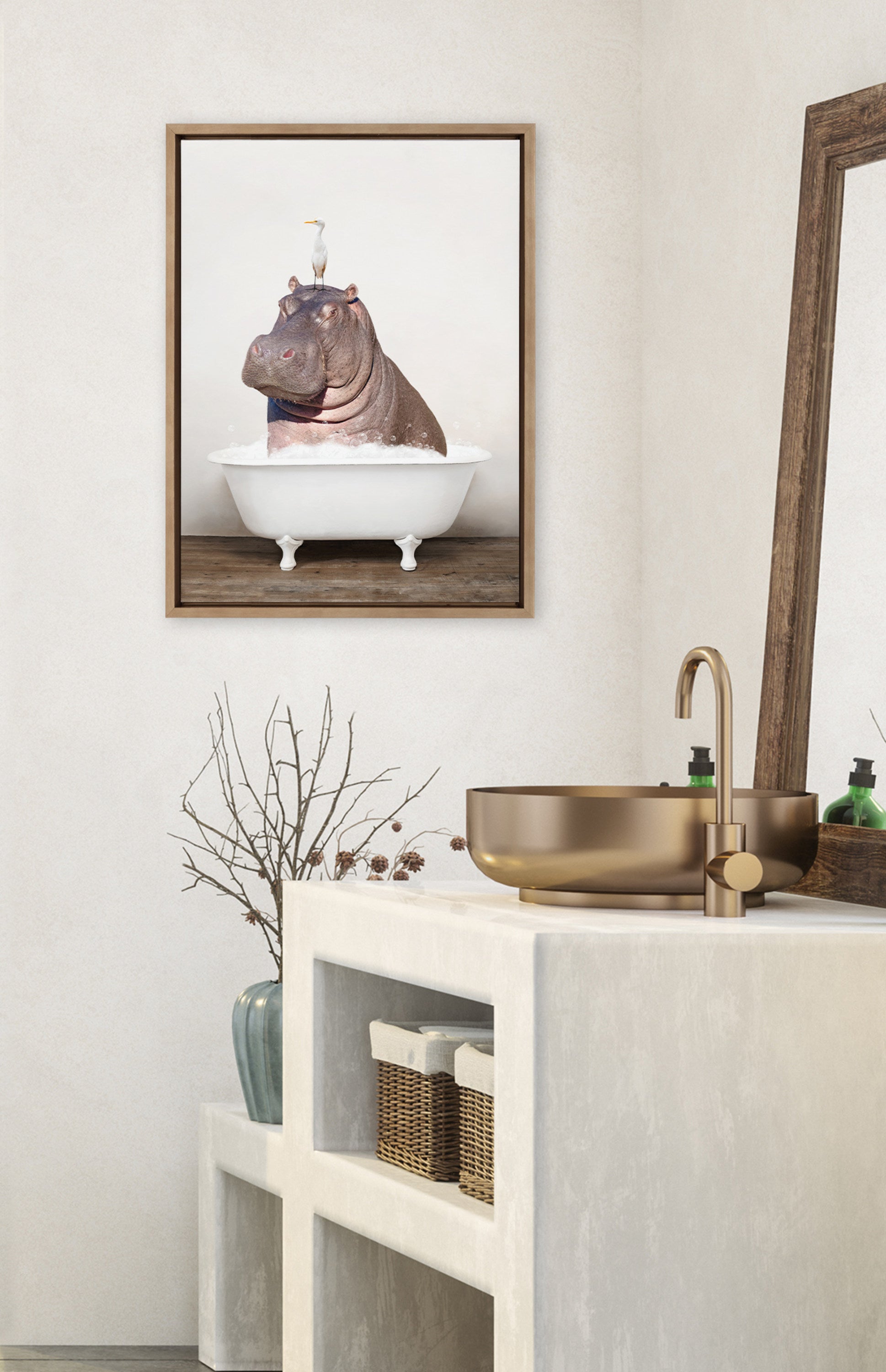 Sylvie Hippo and Bird in Rustic Bath Framed Canvas by kateandlaurel - product image 13 for Resin Society