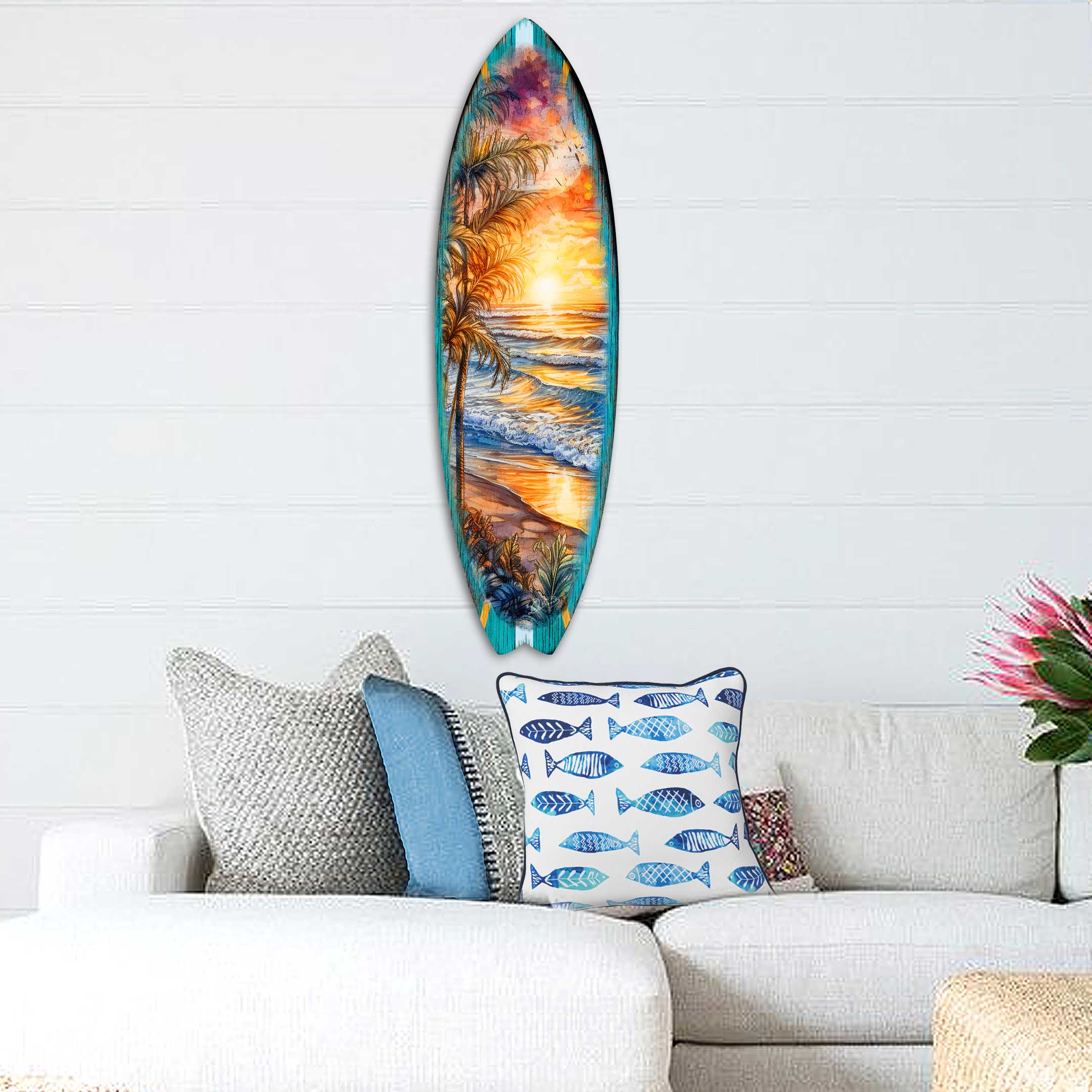 Surfboard Coastal Wall Art - Golden Waves Ocean Sunset by G. DeBrekht