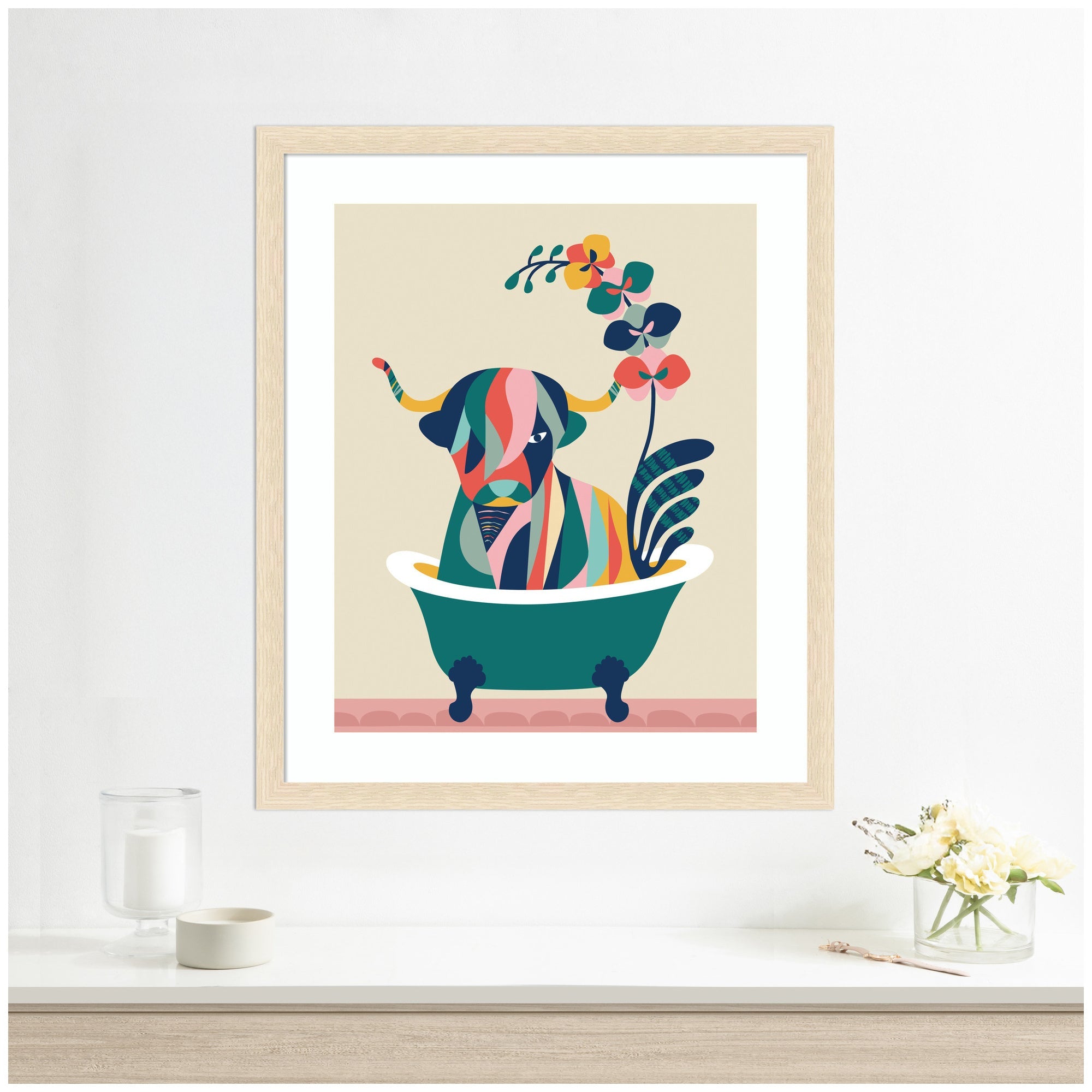 Framed Art Mid Century Modern Cow in Bathtub by Rachel Lee