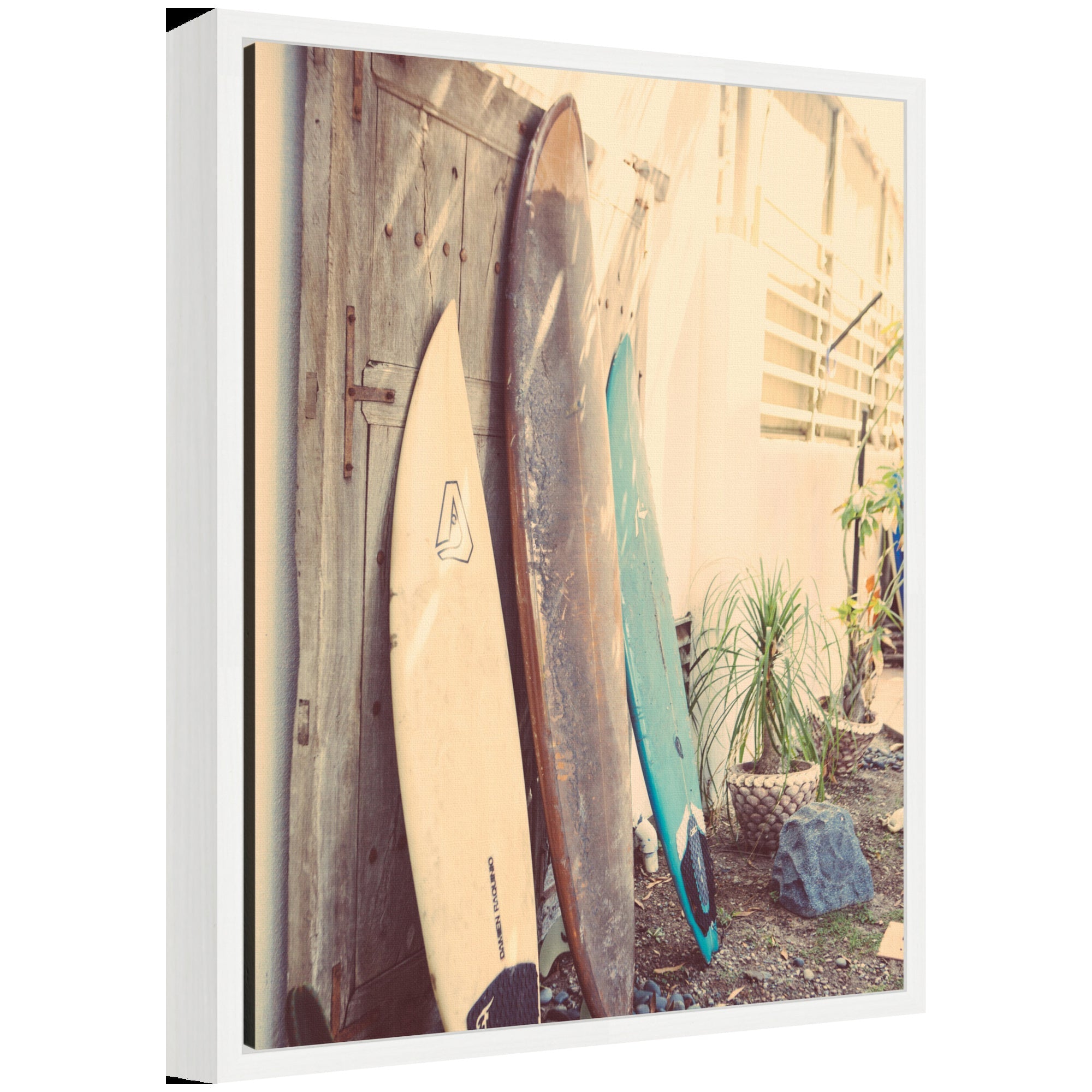 Framed canvas art with vintage retro beach surfboards on a blue background, by Saint and Sailor Studios