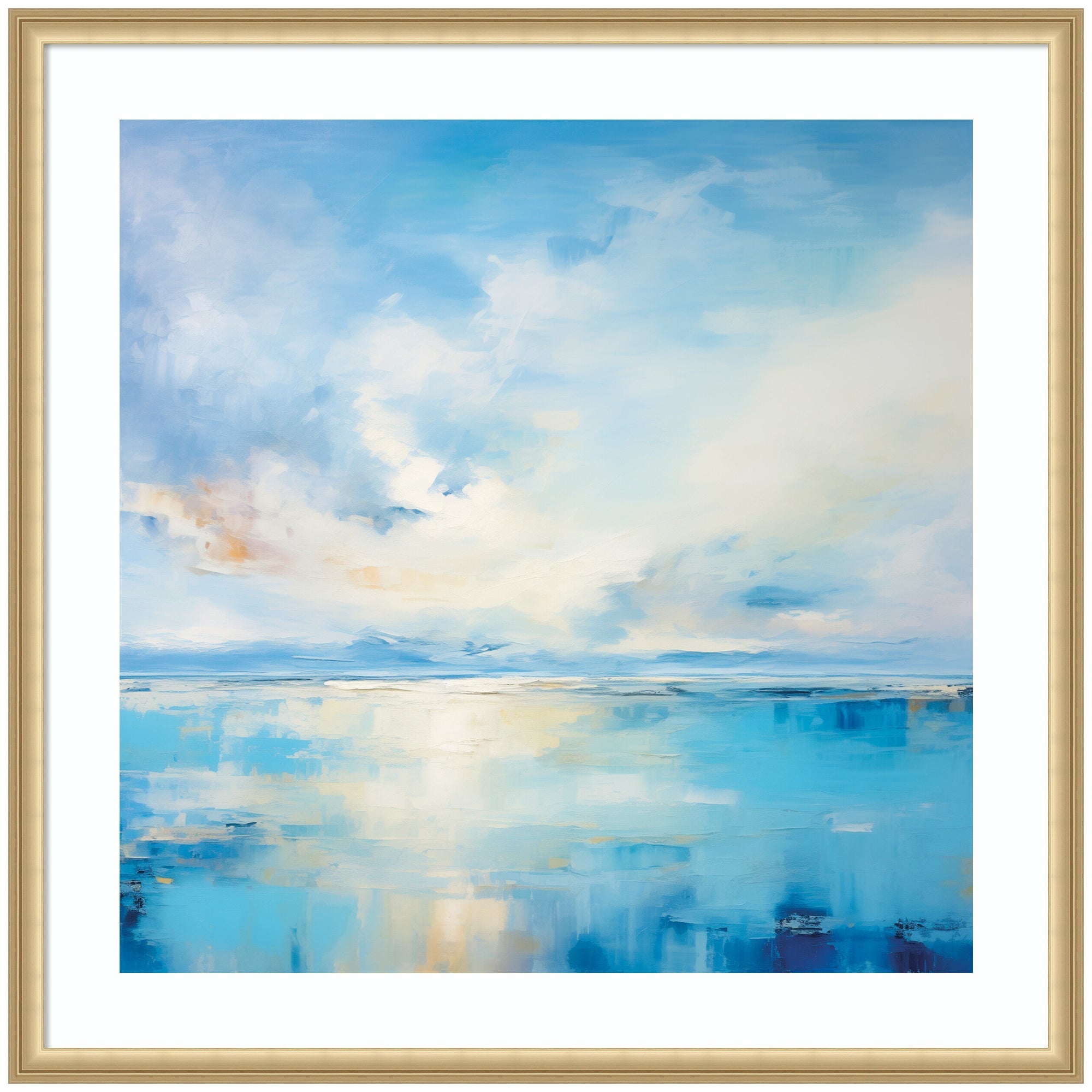Framed coastal landscape artwork featuring calm ocean and soft clouds in blue tones, set in a gold frame