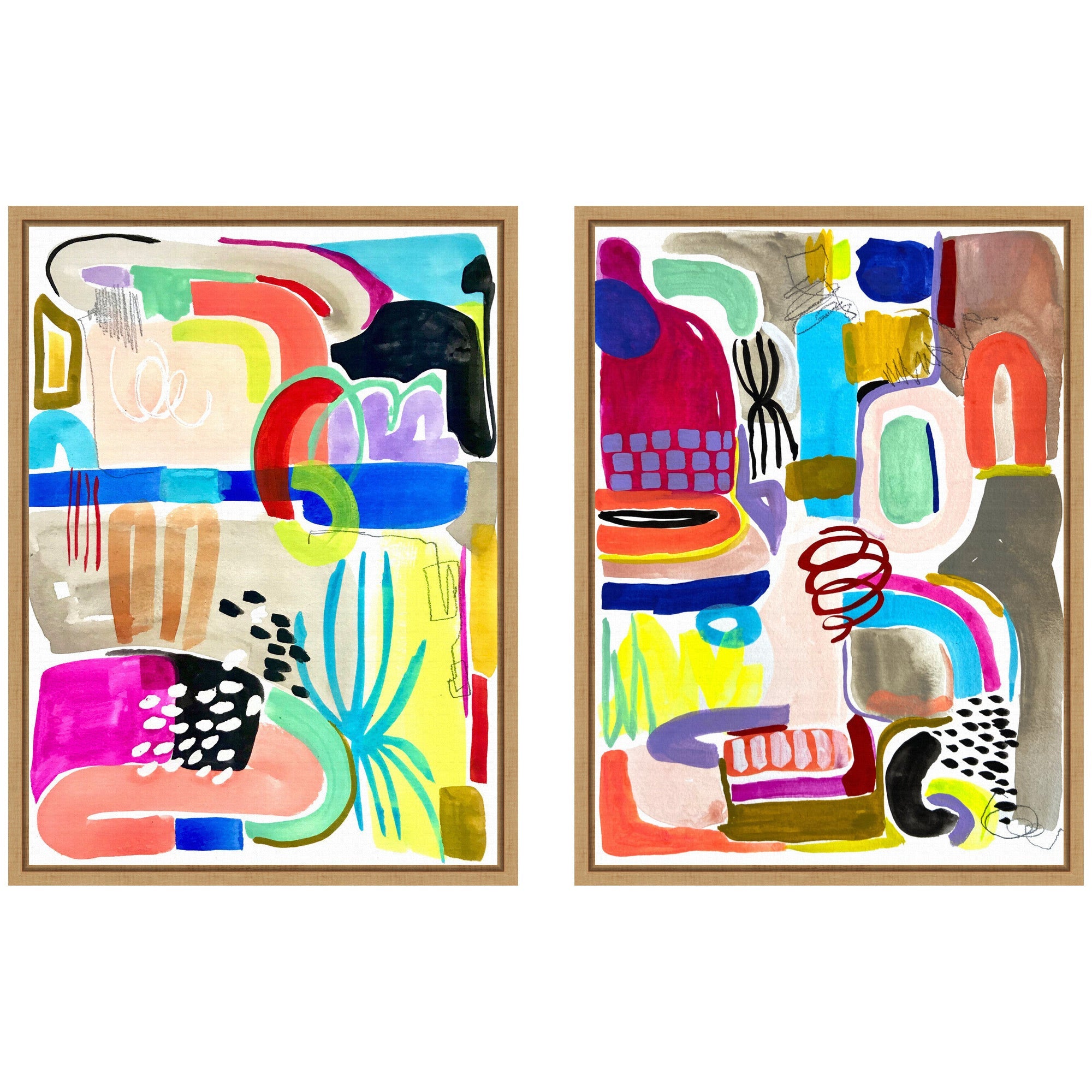 Sylvie Colorful Abstract 10 and 12 framed canvas art set displaying vibrant abstract forms with a polystyrene floating frame