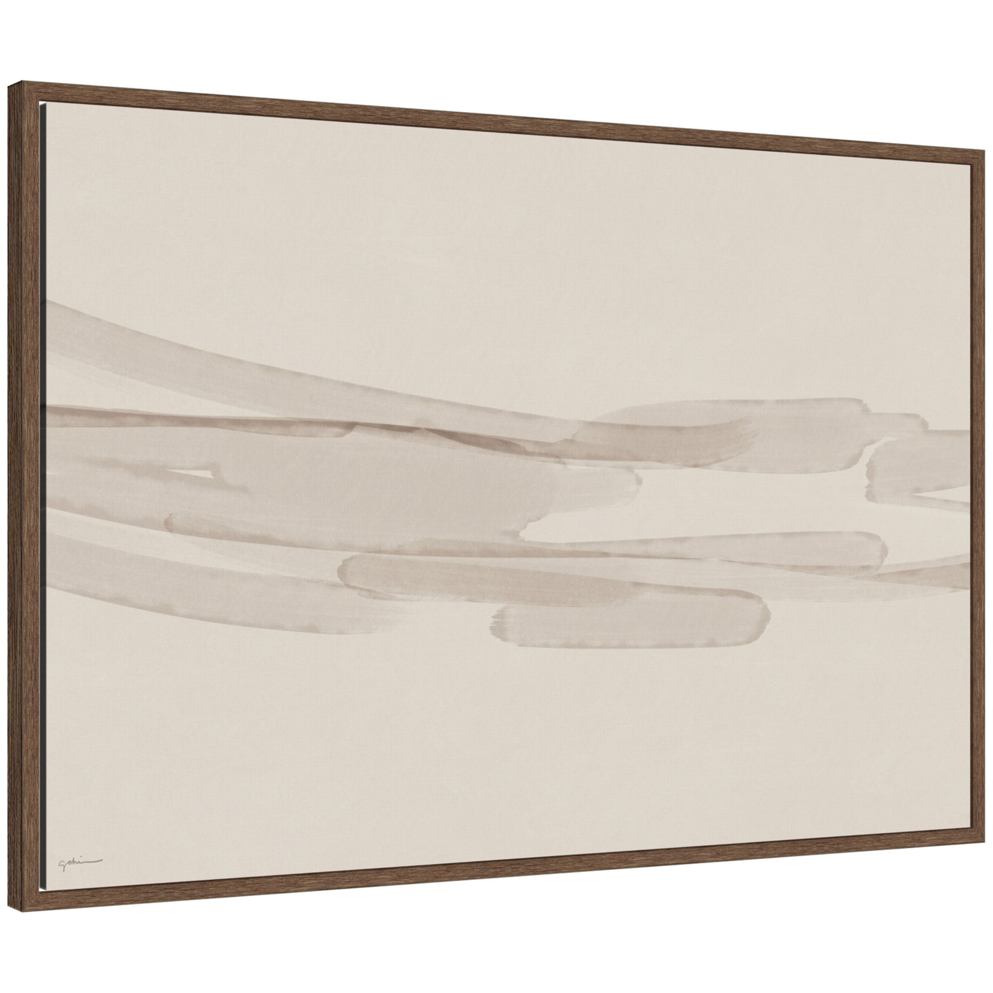Neutral Tones by Gabrielly Guedes framed canvas wall art print in a walnut brown Sylvie frame hanging on a white wall
