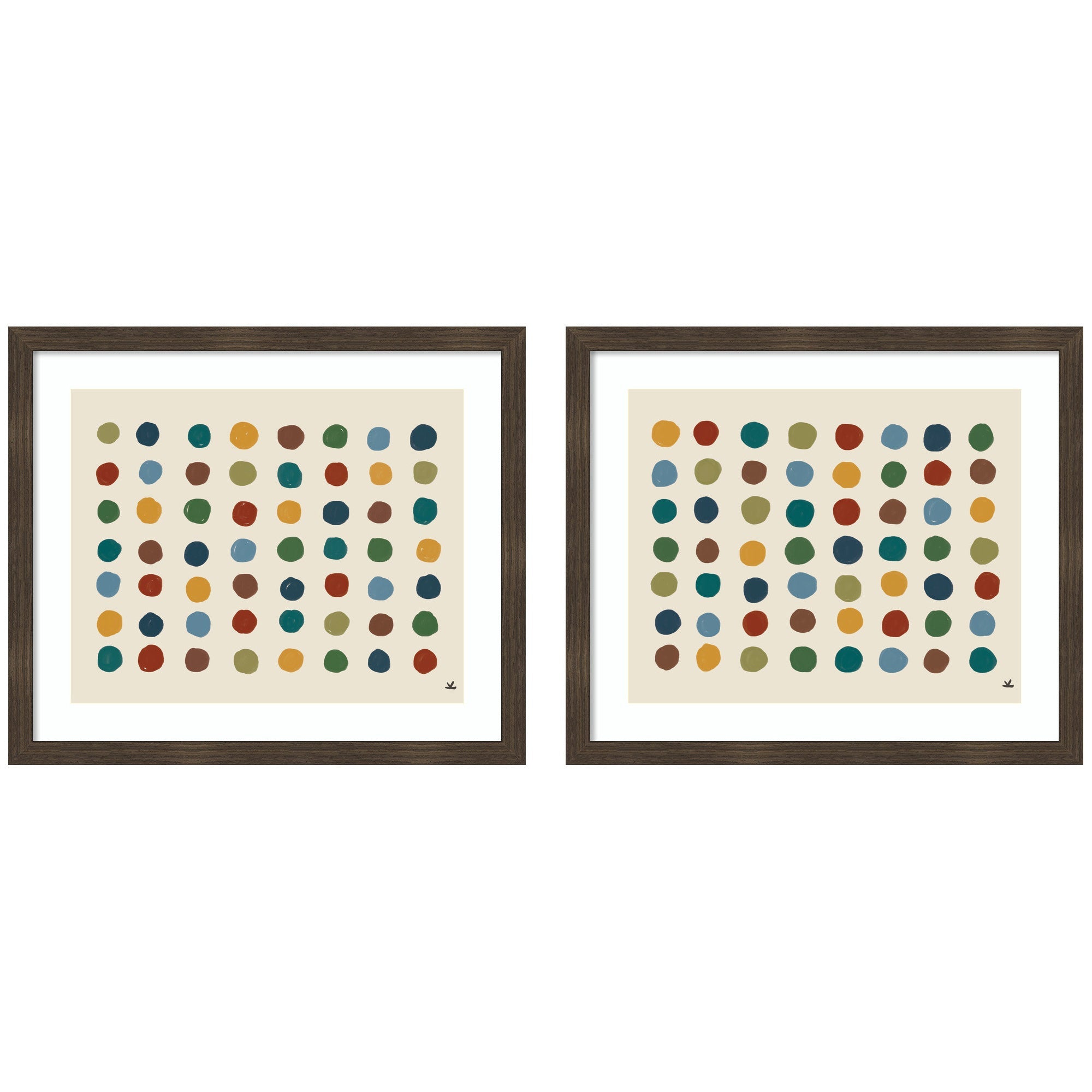 Meditation No.
3 2 Piece Framed Wall Art Set by Kelly Knaga, framed in woodgrain stripe chocolate molding hung side-by-side on a light wall