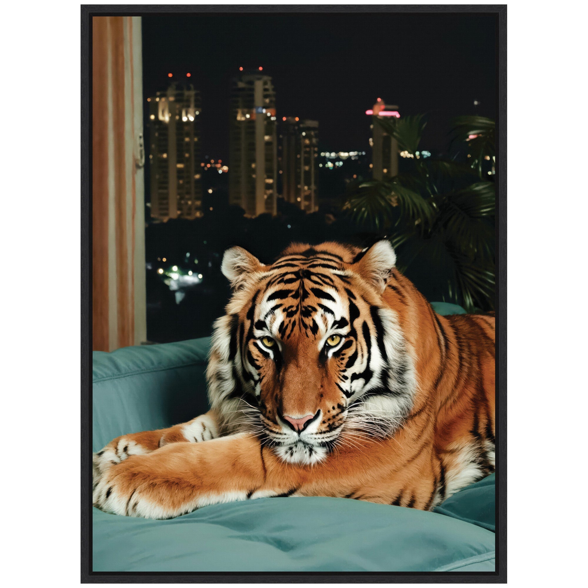 Sylvie Tiger in the City at Night 1 Framed Canvas by Michael Schauer