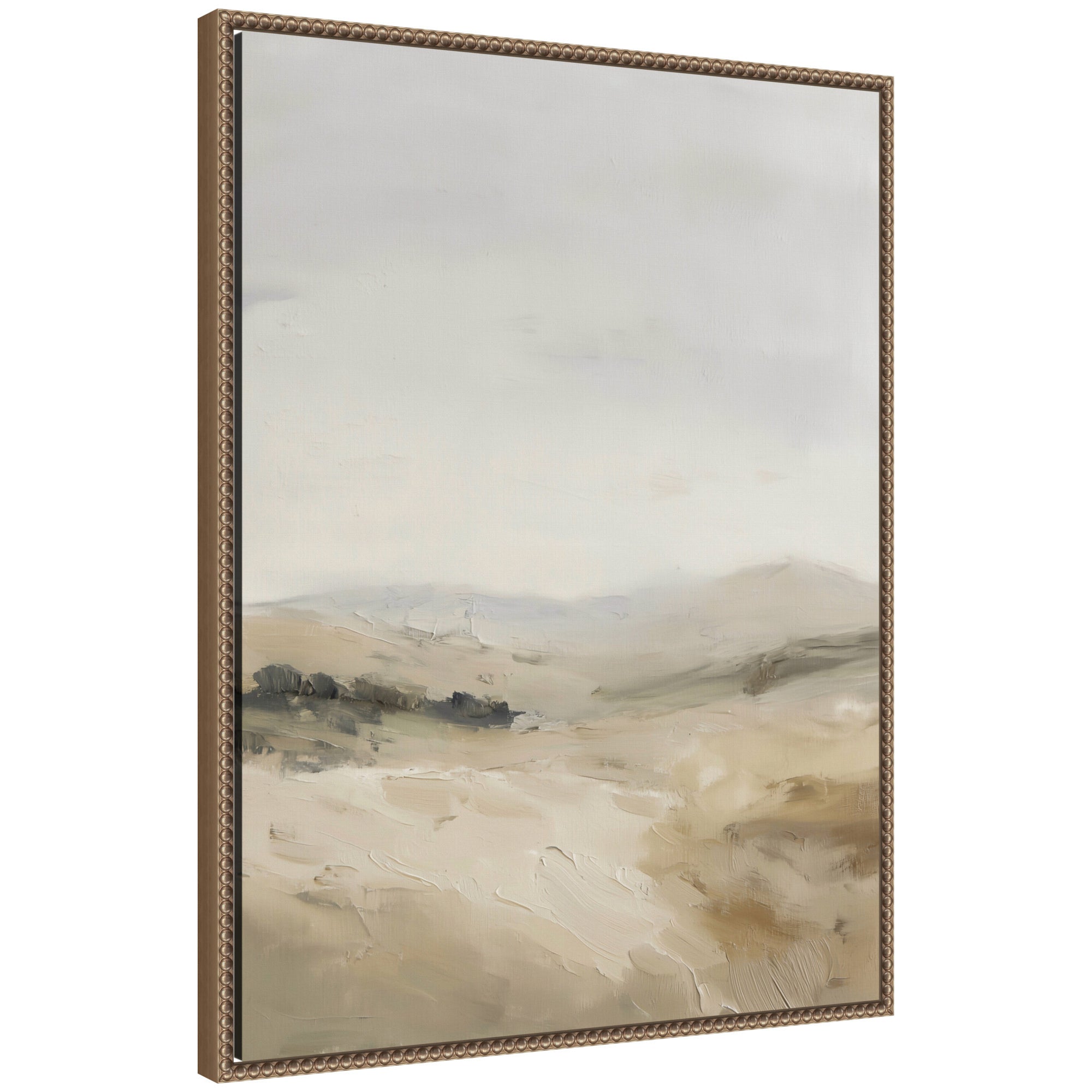 Framed canvas wall art print titled 'Fading Fields II' by Amy Lighthall featuring soft, abstract field imagery in warm tones within a beaded dark gold frame.