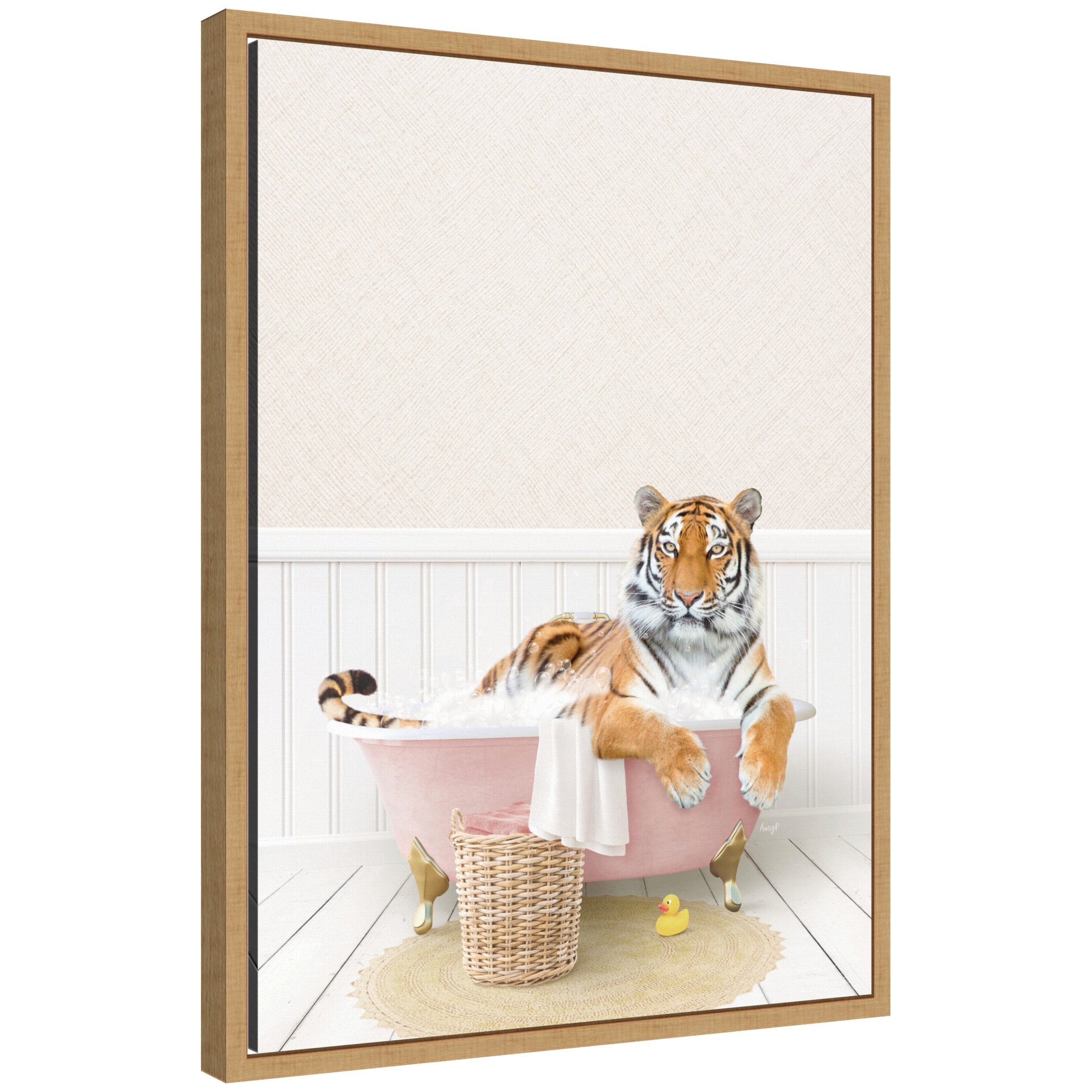 Sylvie Tiger in Cottage Pink Bath Framed Canvas