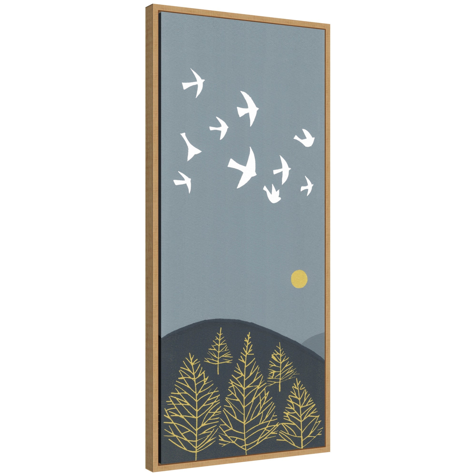 Sylvie Hilltop Flight Linocut Bird framed canvas art by Giuliana Lazzerini showing a stylized bird in flight against a natural landscape background, displayed on a wall.