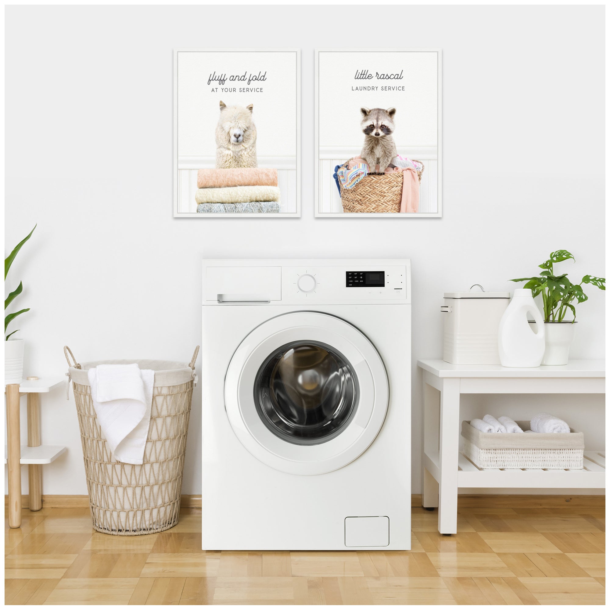 Sylvie Alpaca Fluff Fold and Racoon Little Rascal Laundry Framed Canvas Art Set by Amy Peterson