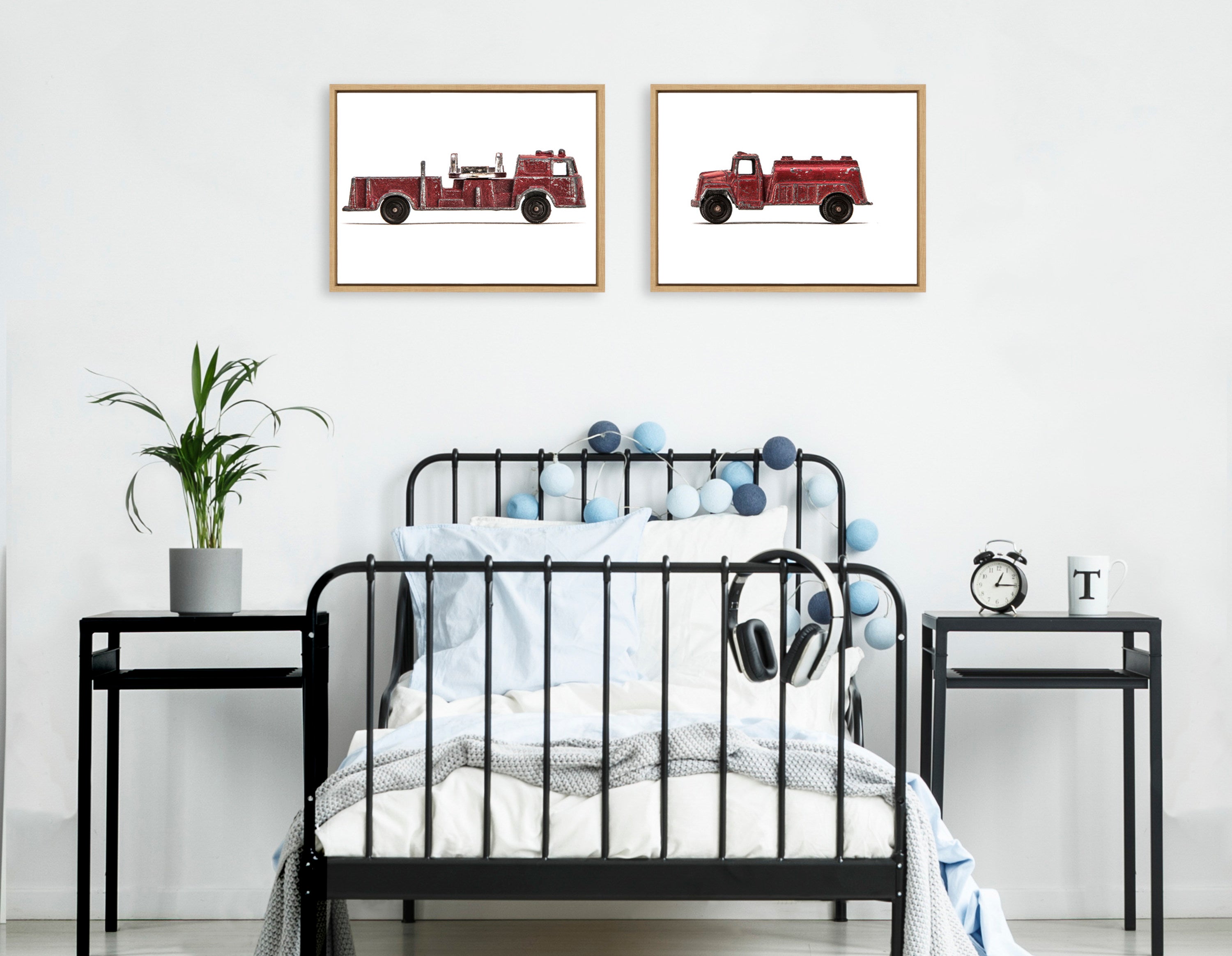 Sylvie Red Vintage Toy Fire Engine and Water Truck Framed Canvas Art Set