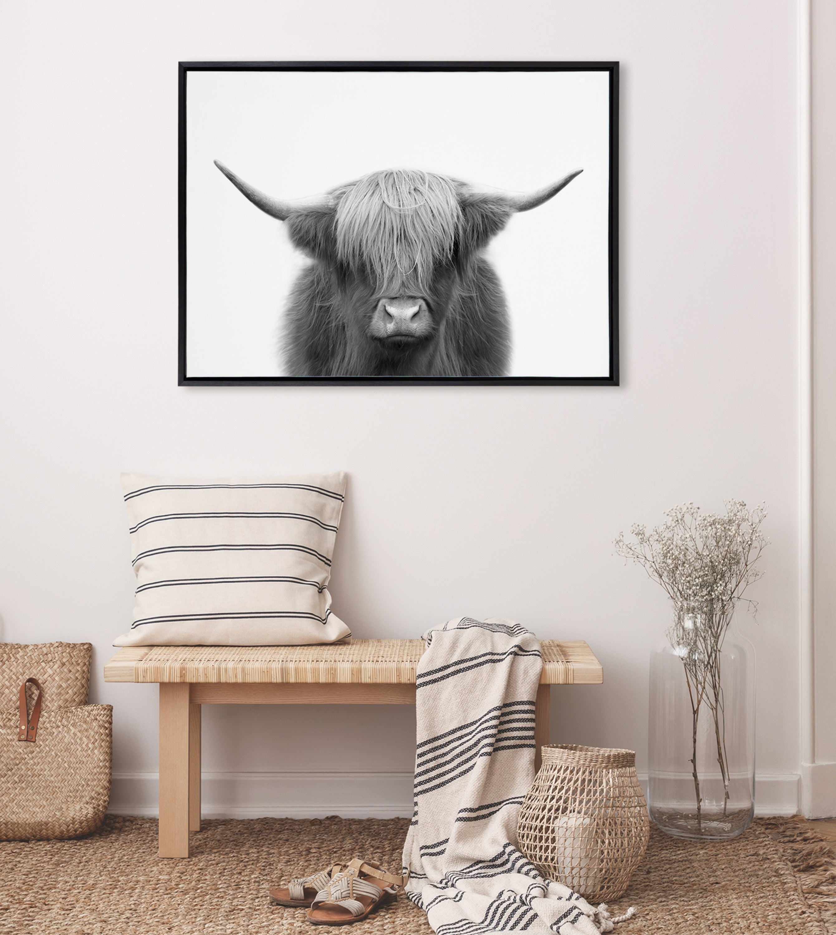 Sylvie Hey Dude Highland Cow BW Framed Canvas by The Creative Bunch Studio