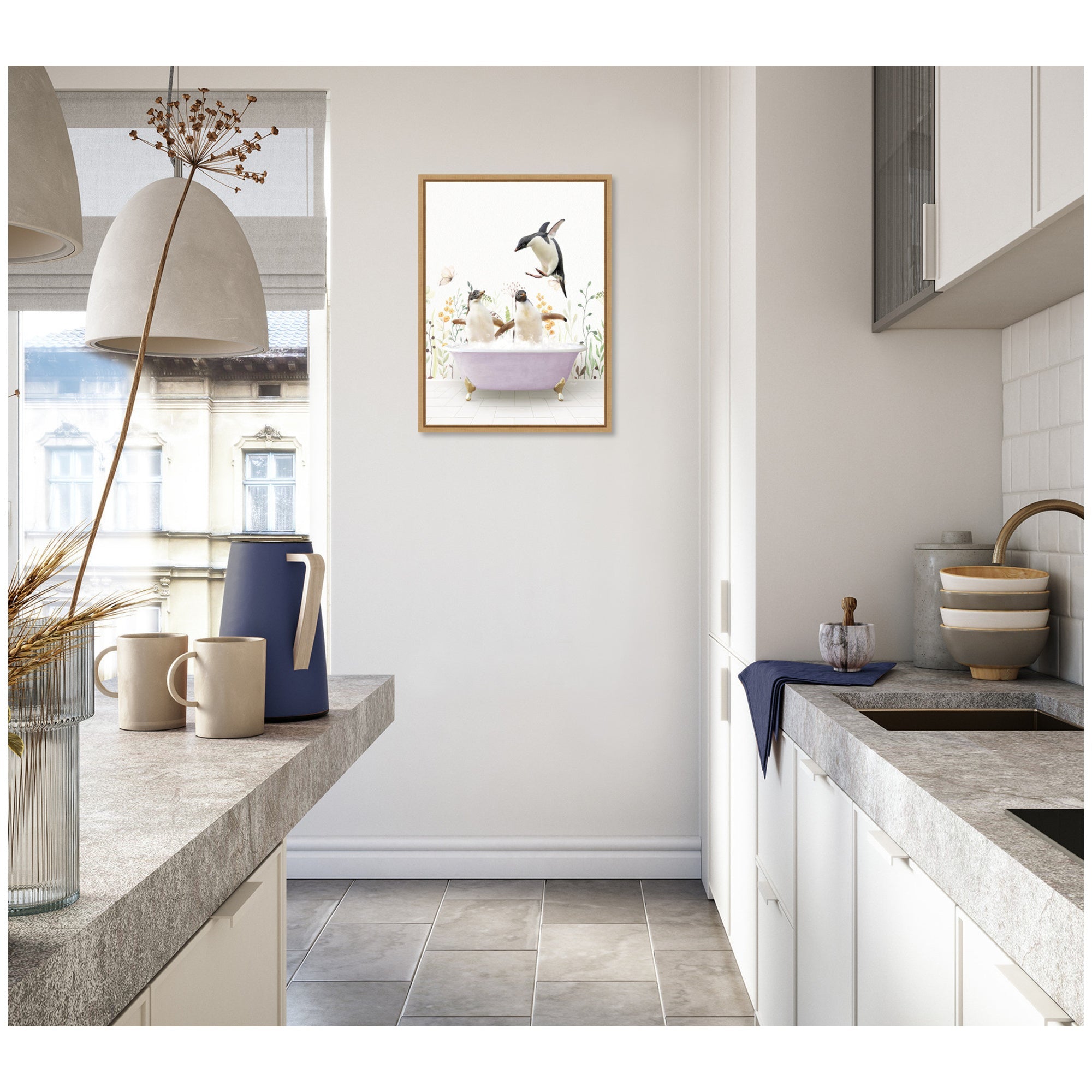 Sylvie Penguins in Spring Bathtub Framed Canvas by Amy Peterson